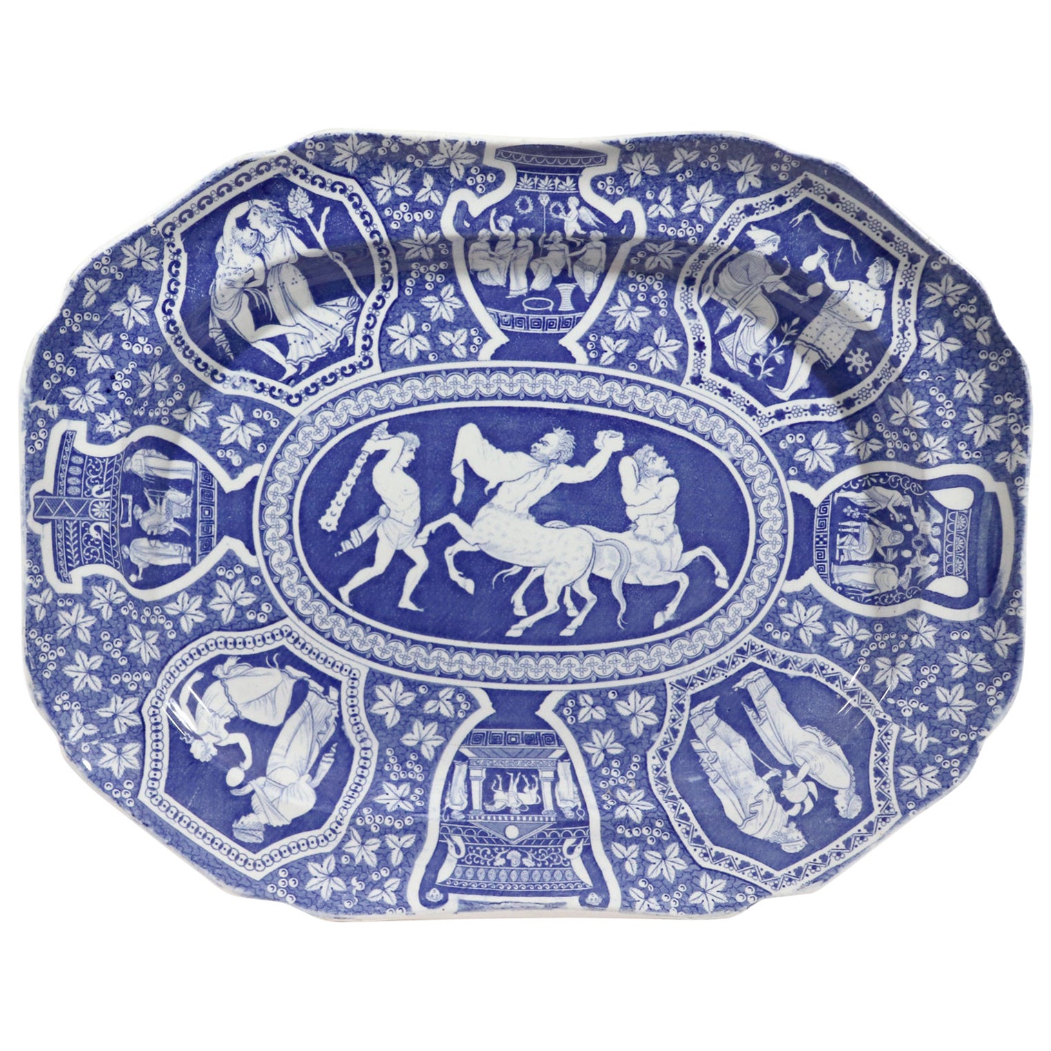 Copeland & Garrett Pottery Grand plat bleu à motif grec néoclassique