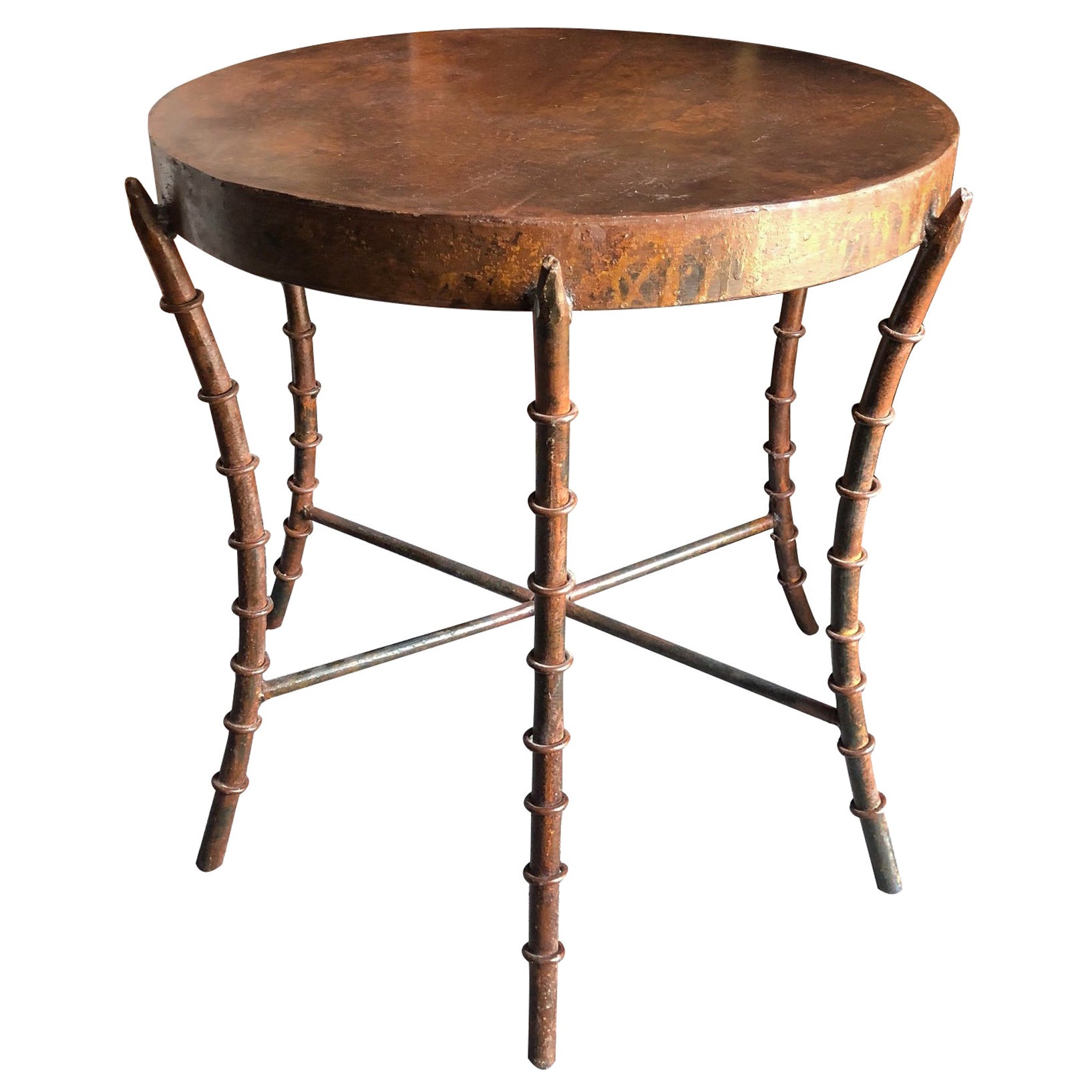 Vintage Oxidized Iron Faux Bamboo Circular Side Table
