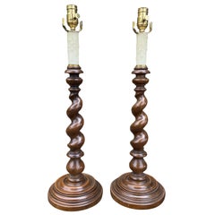 Pair of 20th Century Wood Barley Twist Table Lamps