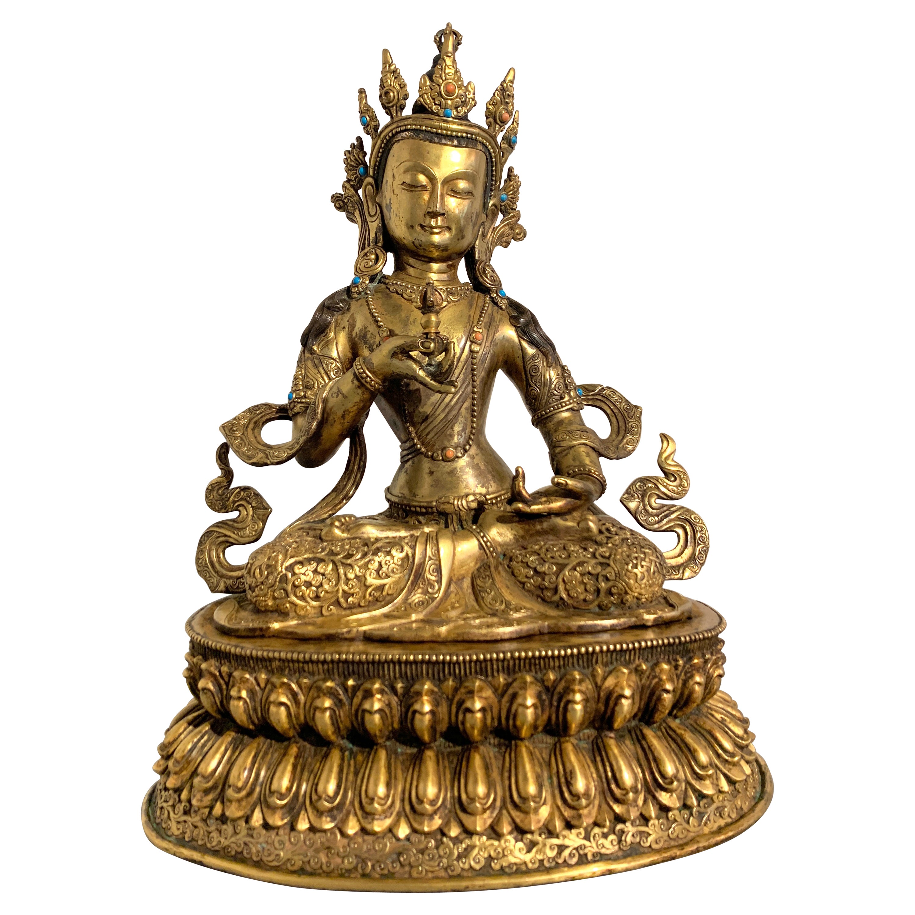 Grand Bouddha Vajrasattva népalais vintage en bronze doré, milieu du XXe siècle
