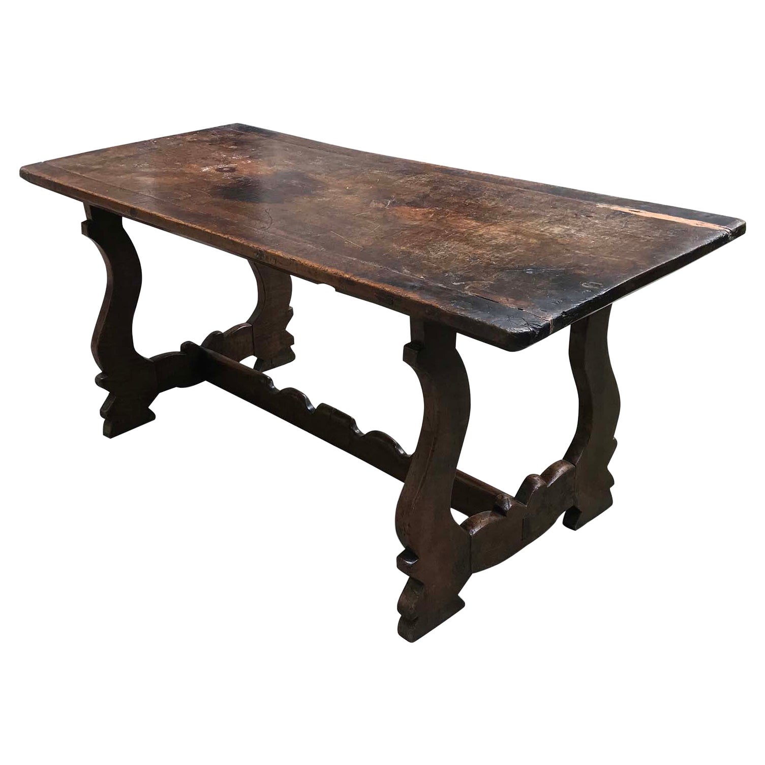 Rechteckiger italienischer Fratino-Tisch aus massivem Nussbaumholz mit Leierbeinen aus dem 18. Jahrhundert