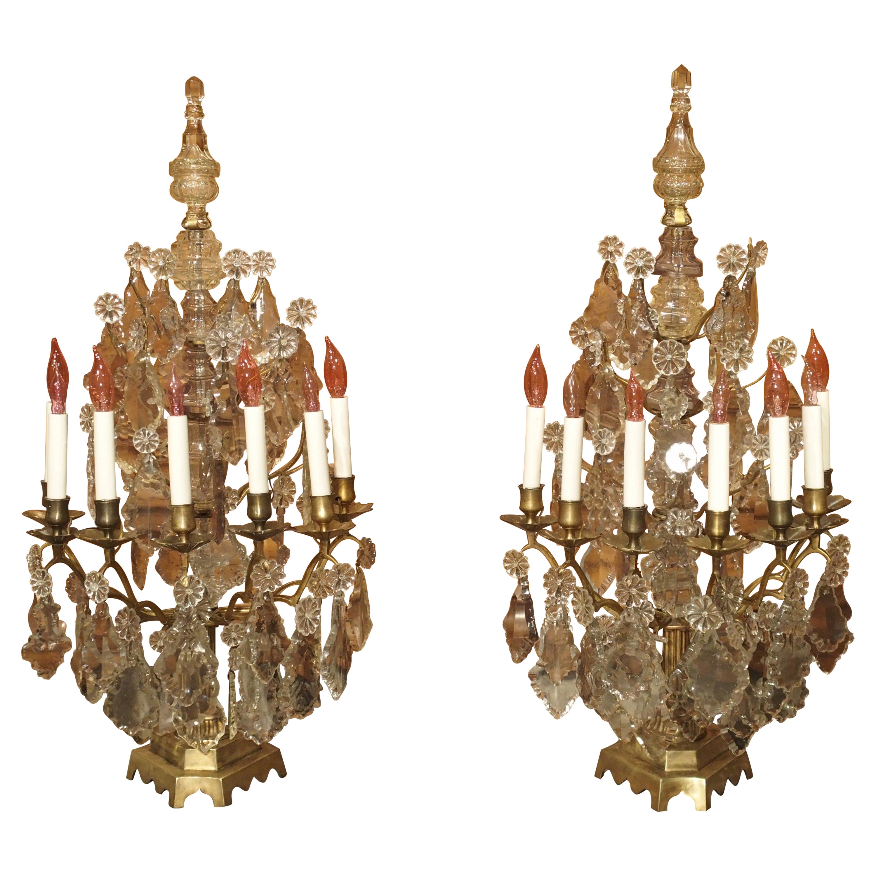 Pair of Antique French Crystal and Bronze Girandoles, Circa 1890 For Sale