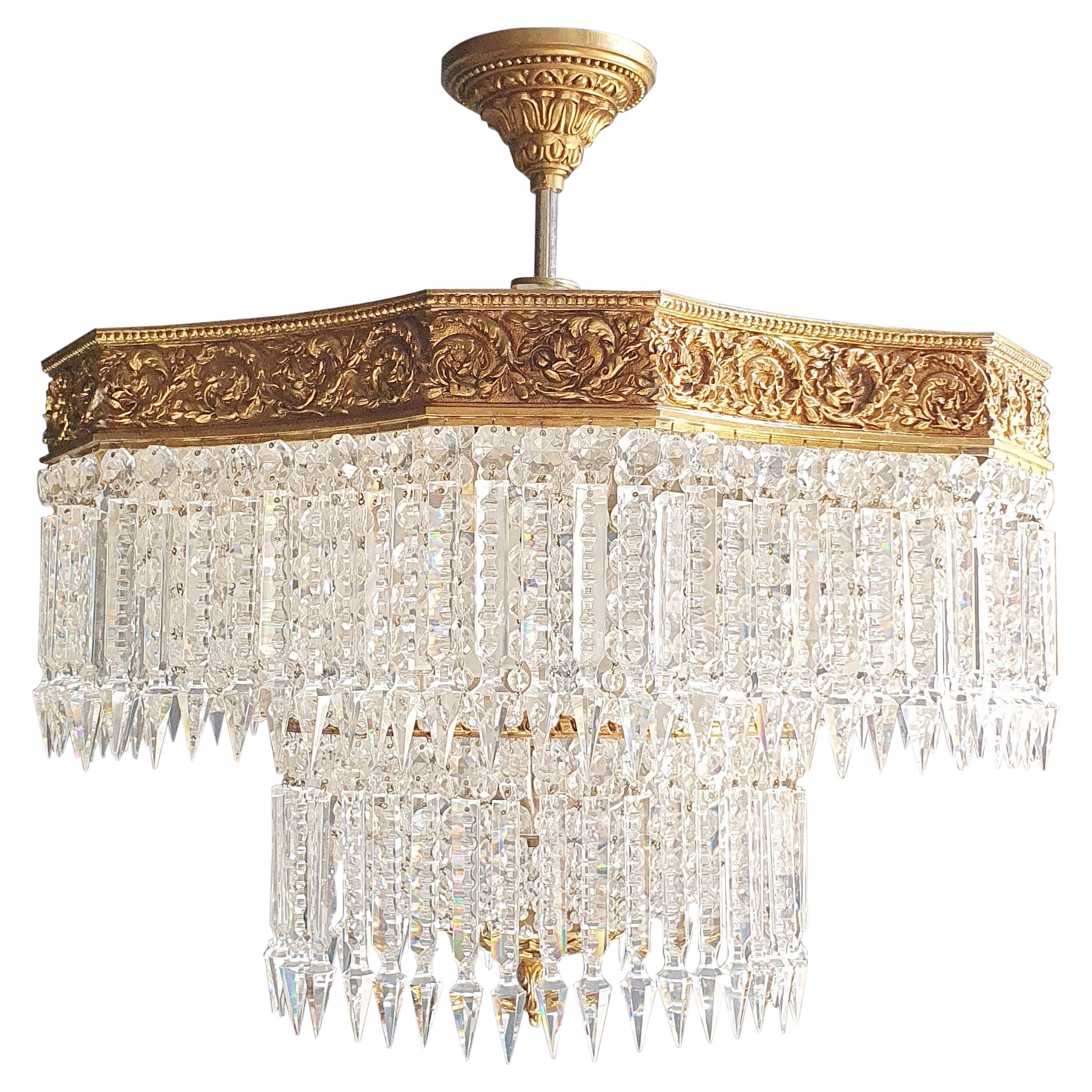 Low Flat Plafonnier Crystal Chandelier Brass Antique Gold