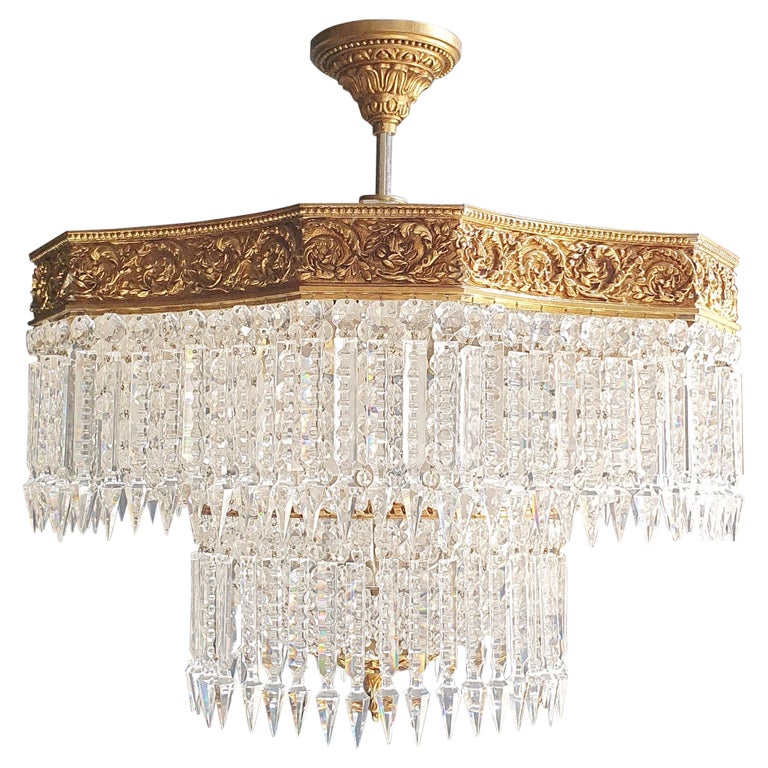 Low Flat Plafonnier Crystal Chandelier Brass Antique Gold For Sale