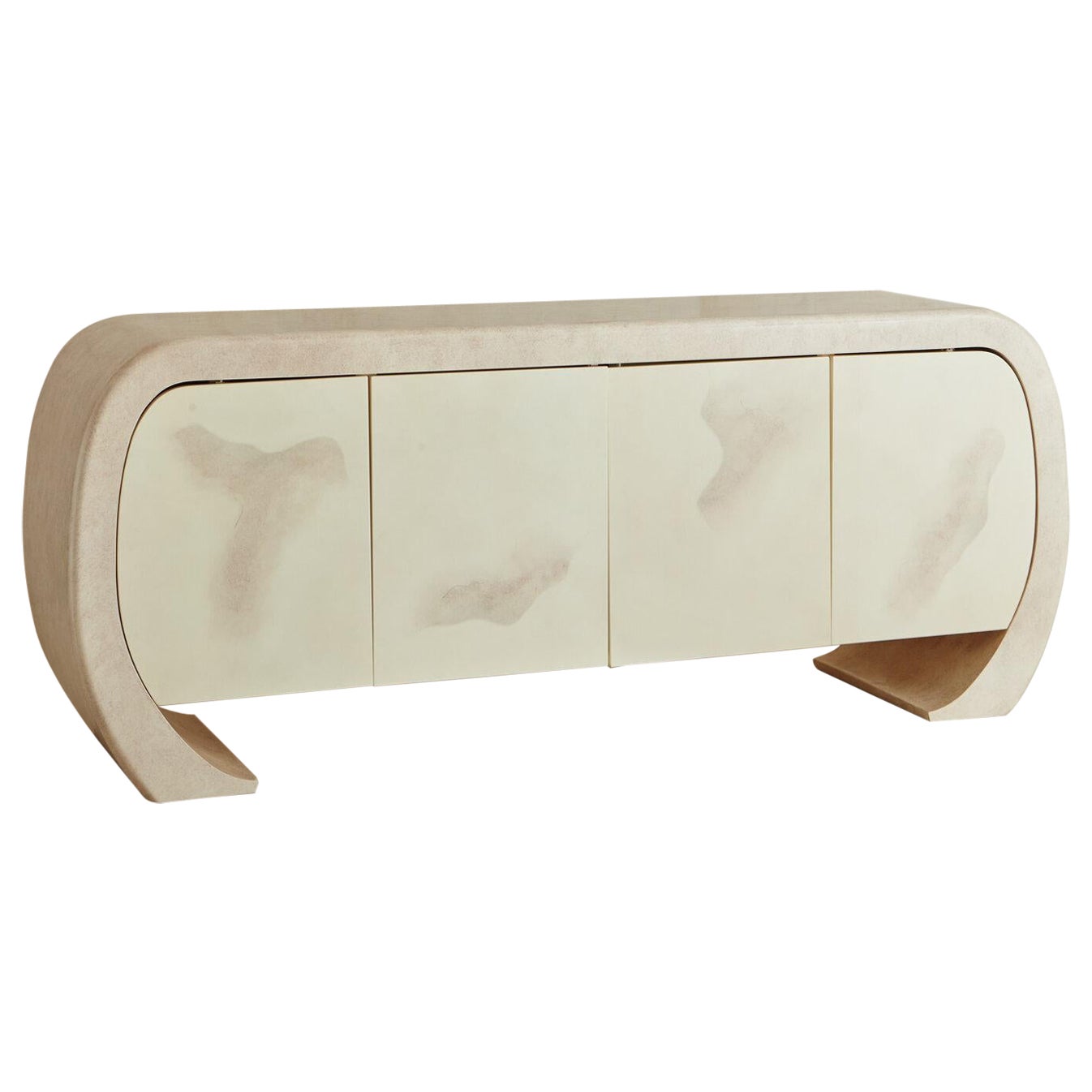 Post Modern Curved Credenza in Ivory Faux Parchment Finish, 1980s