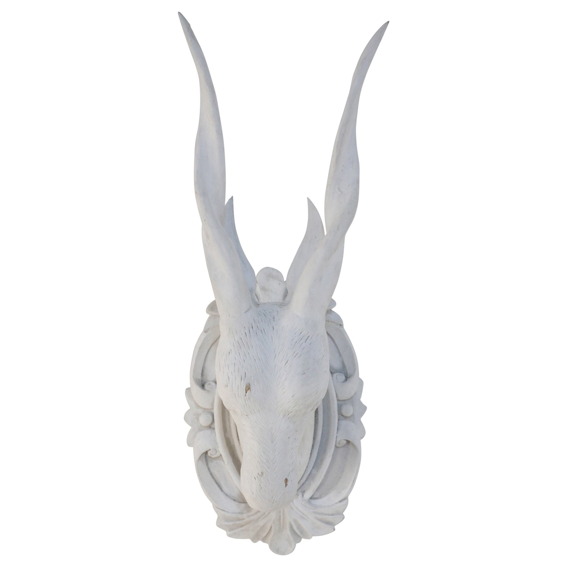 Chinese White Gesso Horned Antelope Head Wall Plaque For Sale