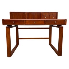 Vintage Mid Century Danish Modern 3 Drawer Teak Desk with Top Organizer D Scan