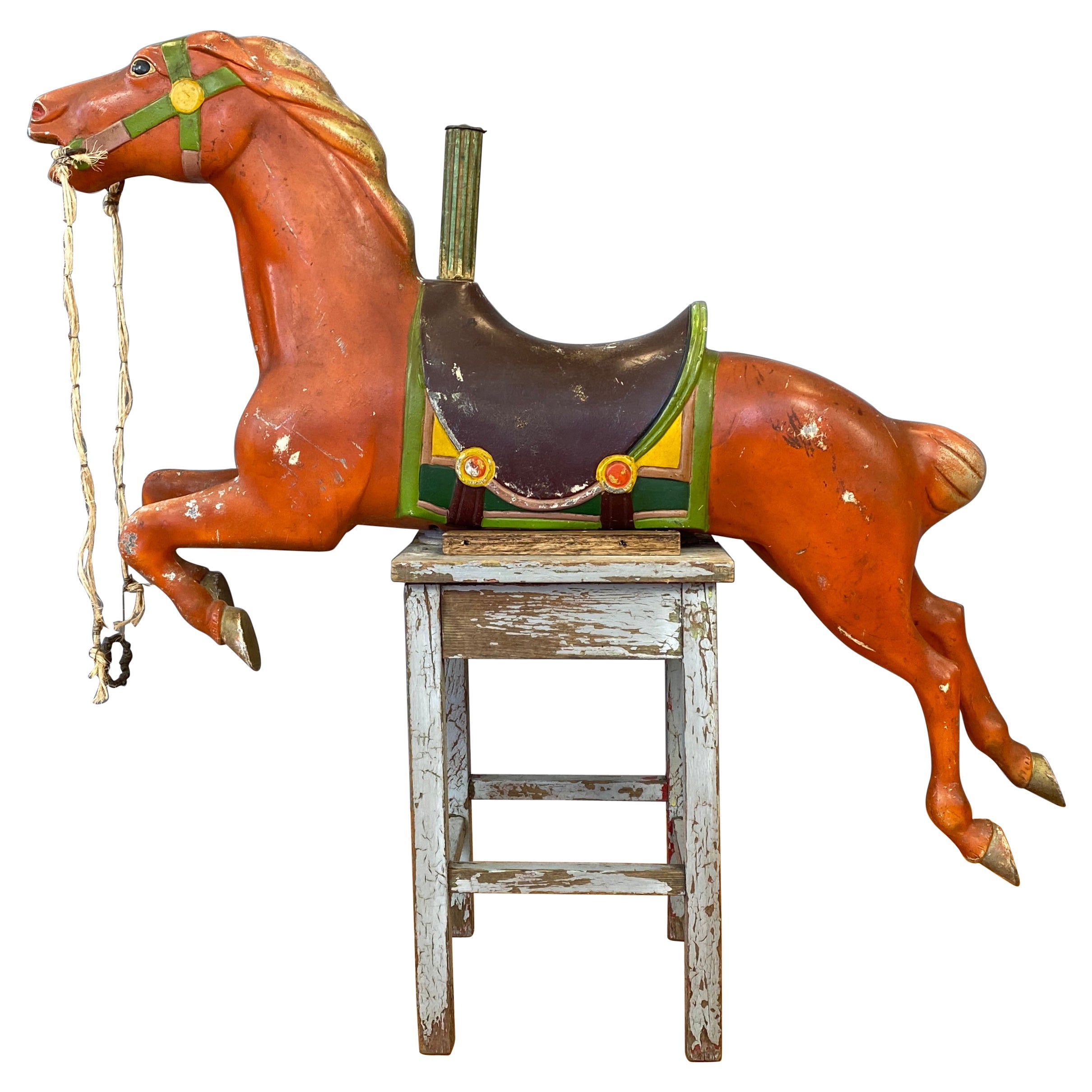 1940s Red Metal Carousel Horse w/Custom Shabby Chic Style Stand