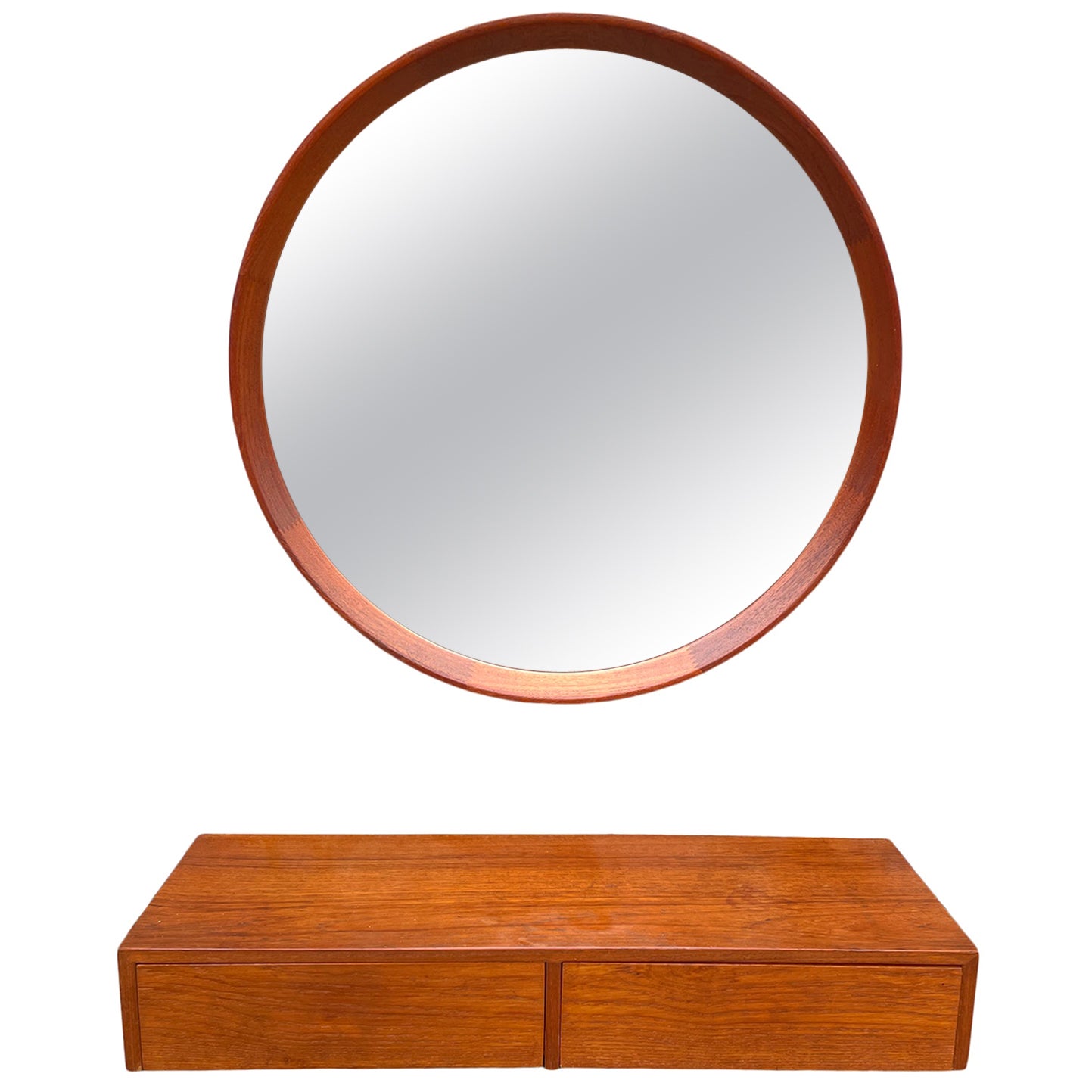 Mid-Century Modern Danish Modern Teak Round Mirror with 2 Drawer Vanity