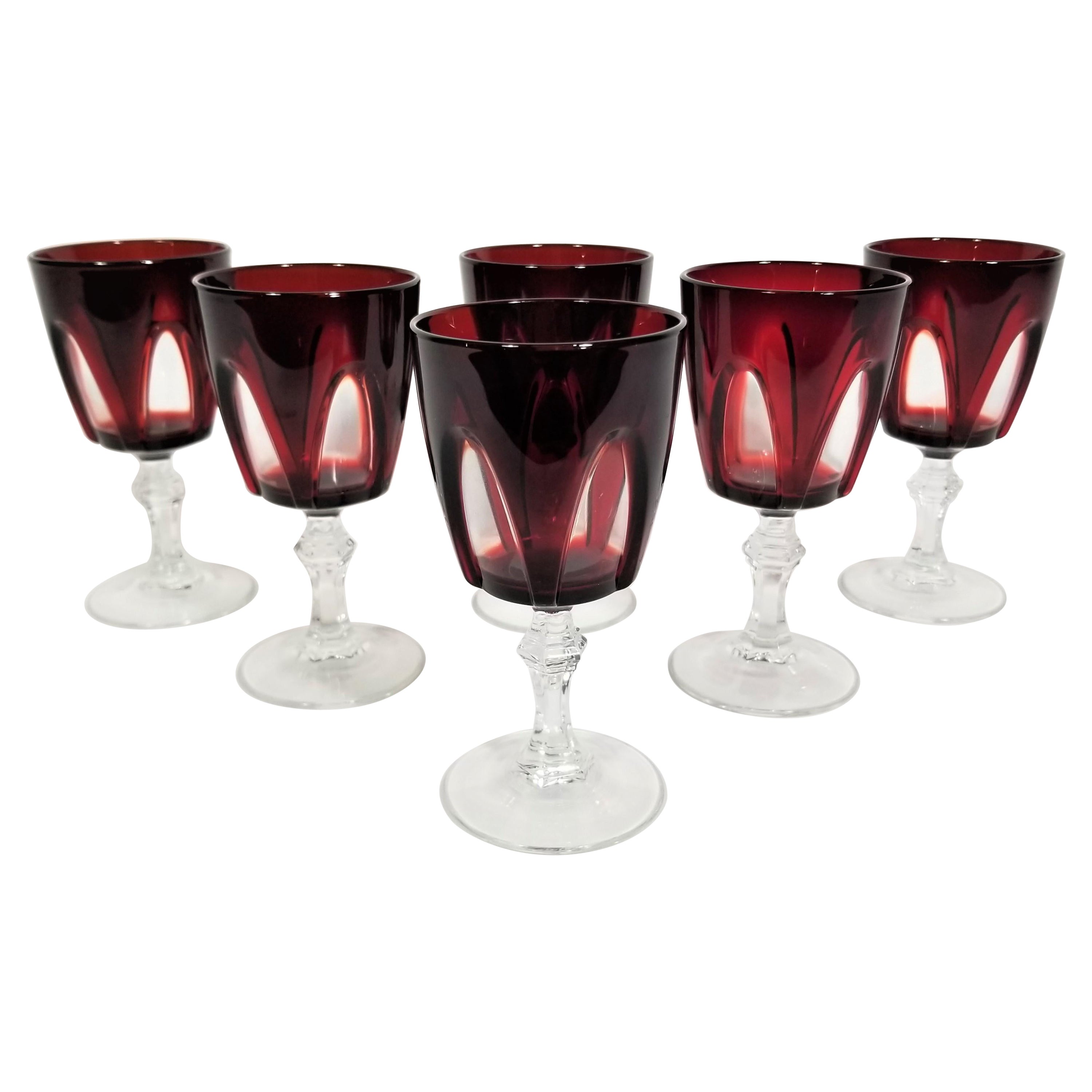 French Ruby Red Stemware Glassware Made in France Mid Century 1960s Set of 6 