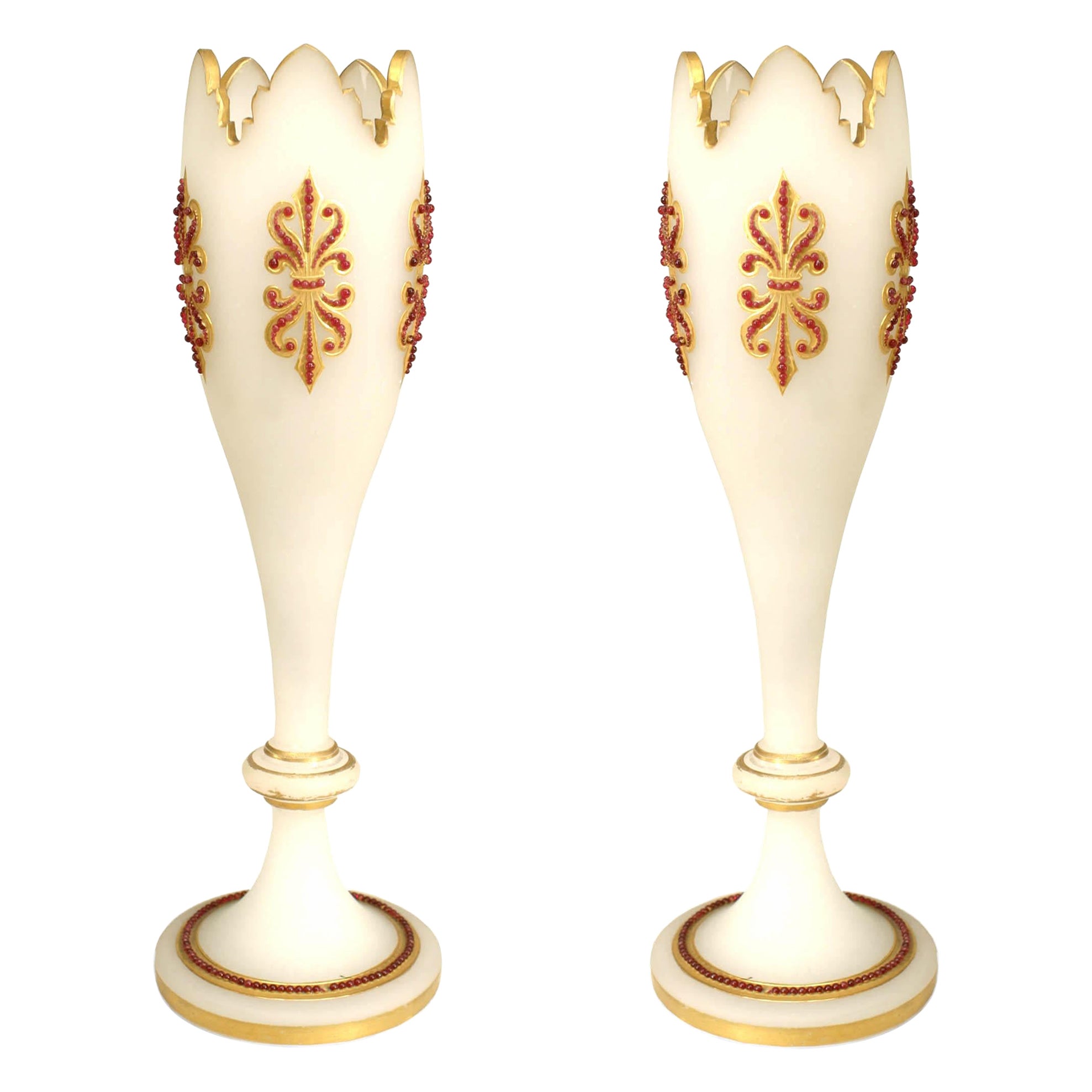 Pair of Late 19th Century French Victorian White Opaline Vases For Sale