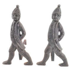 Paire de chenets de cheminée en métal moulé Figural Soldier Antique