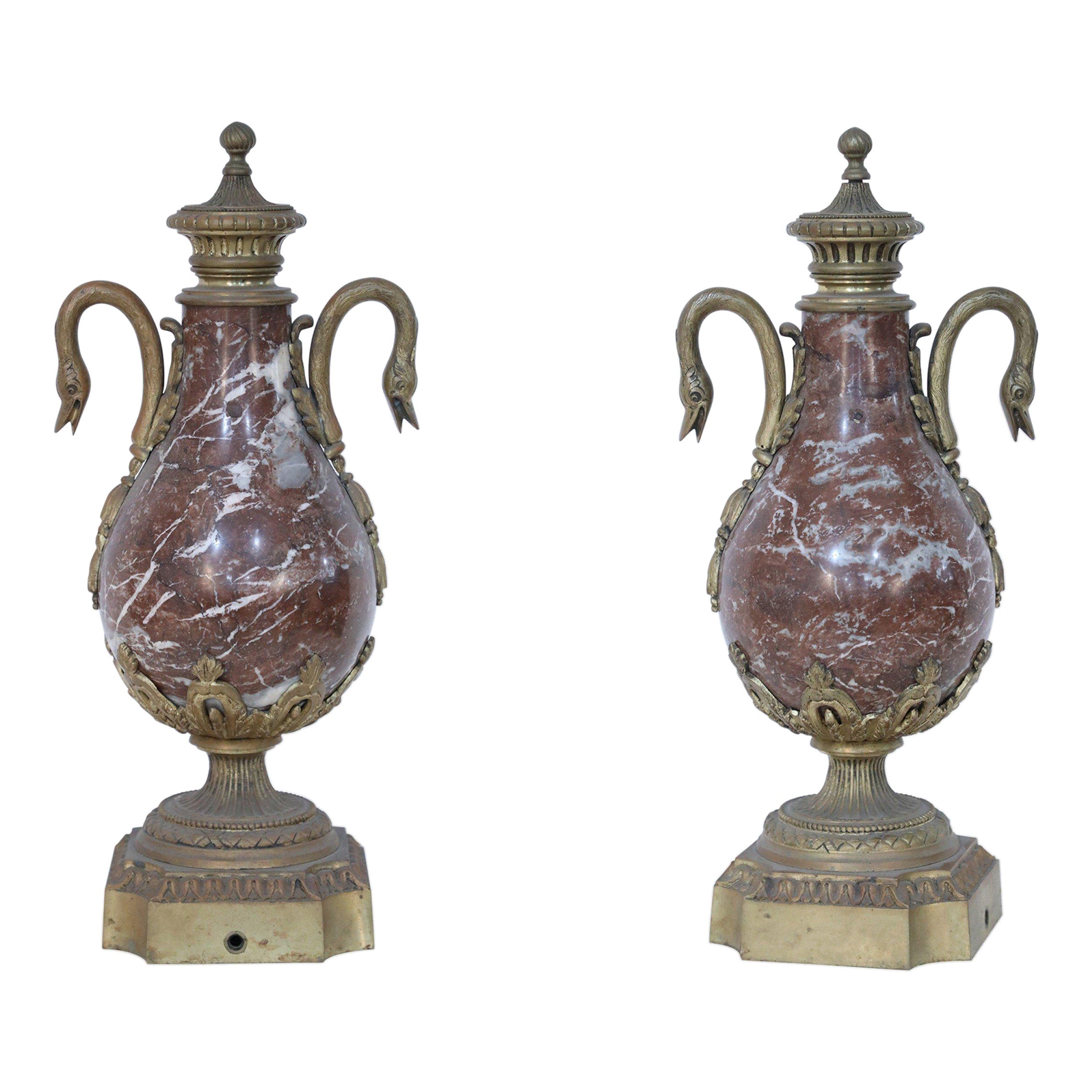 Pair of French Neoclassical Burgundy Marble and Bronze Decorative Urns