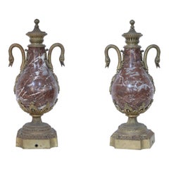 Antique Pair of French Neoclassical Burgundy Marble and Bronze Decorative Urns