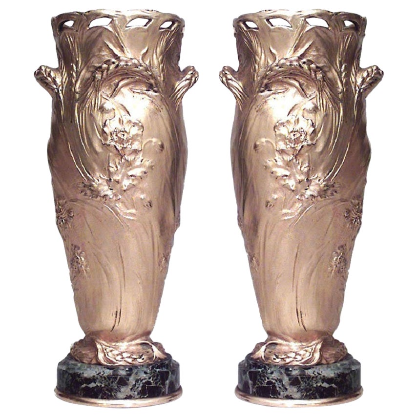 Pair of French Art Nouveau Barbedienne Bronze Dore Vases