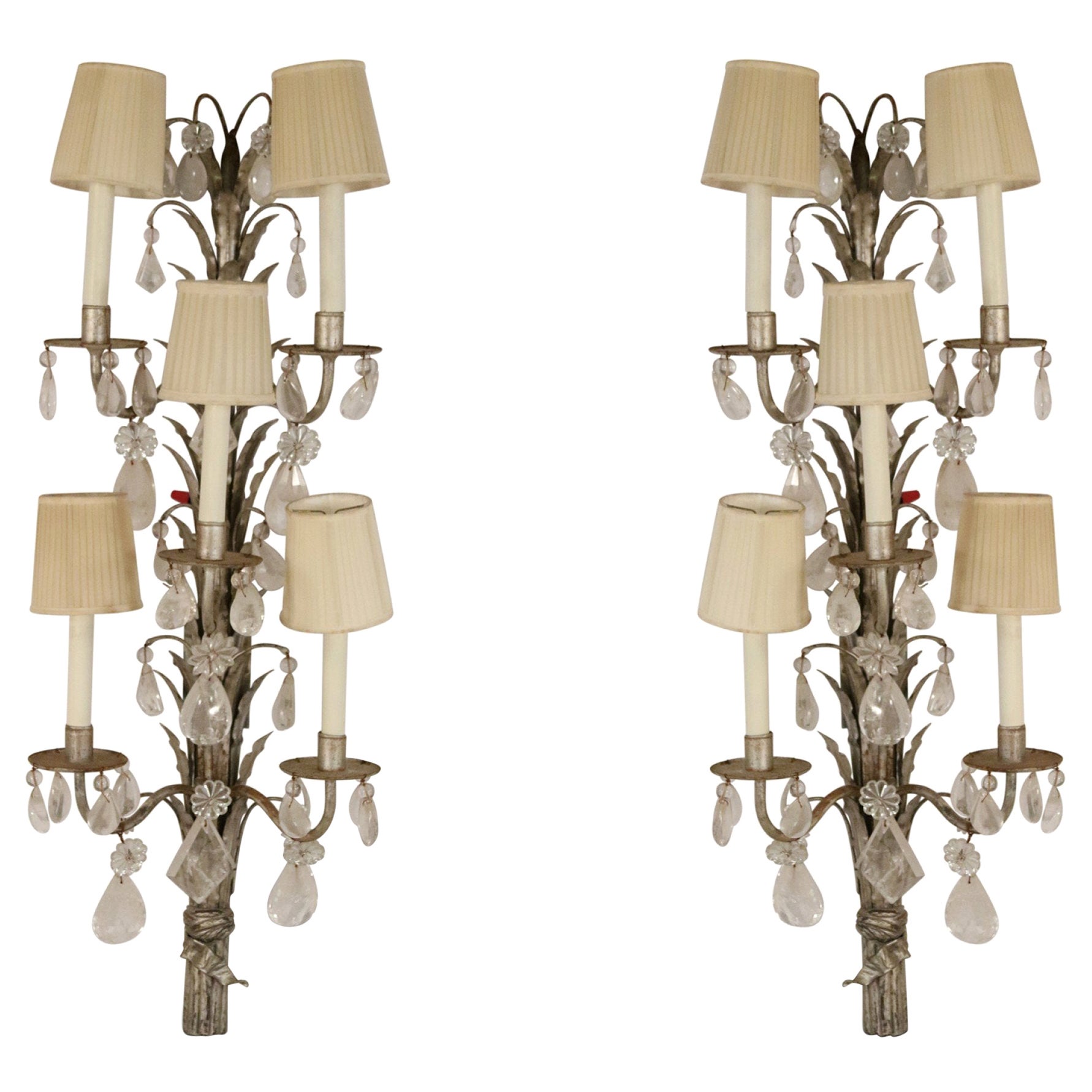 Pair of French 1940s Tall Metal and Crystal Wall Sconces