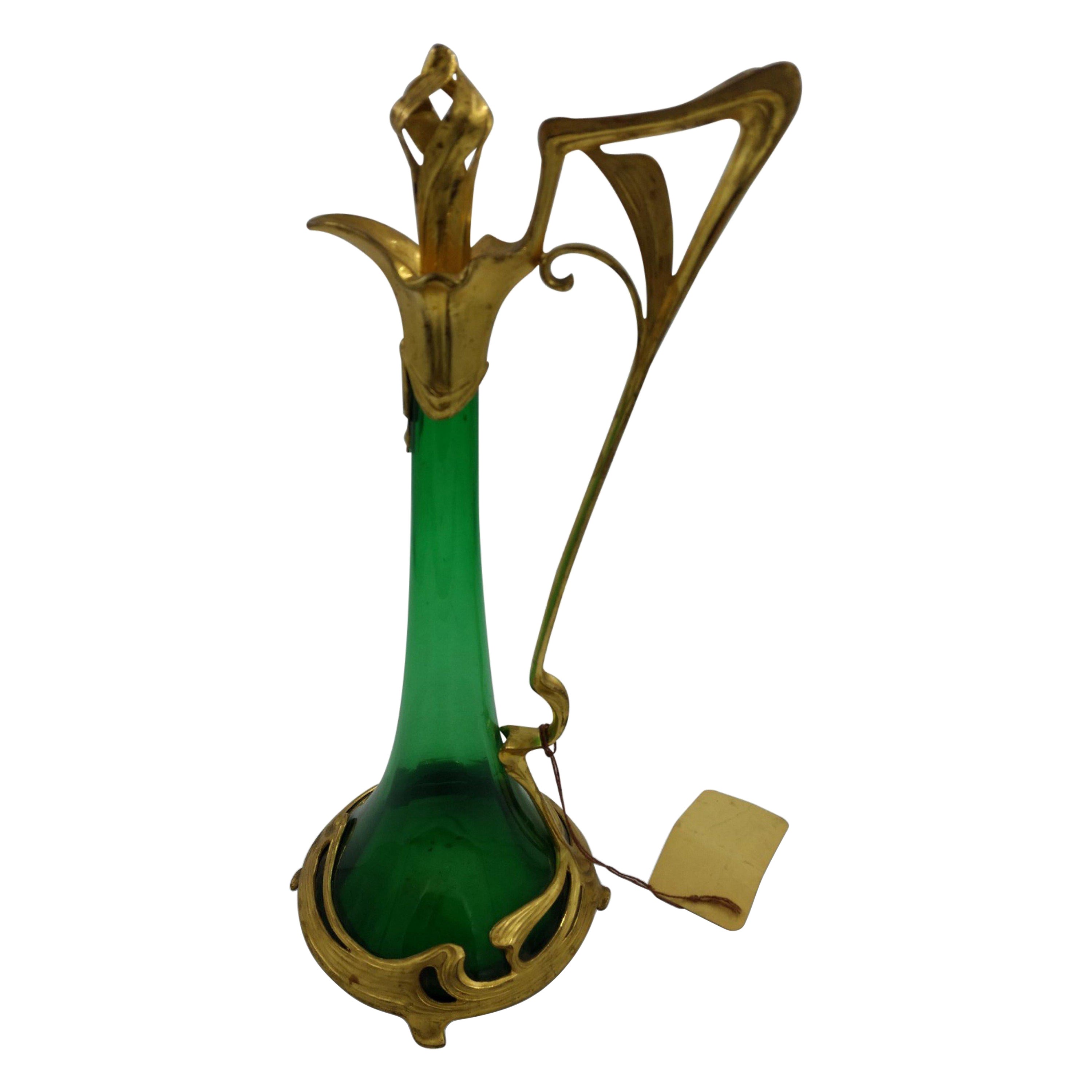 French Art Nouveau Green Glass Decanter For Sale