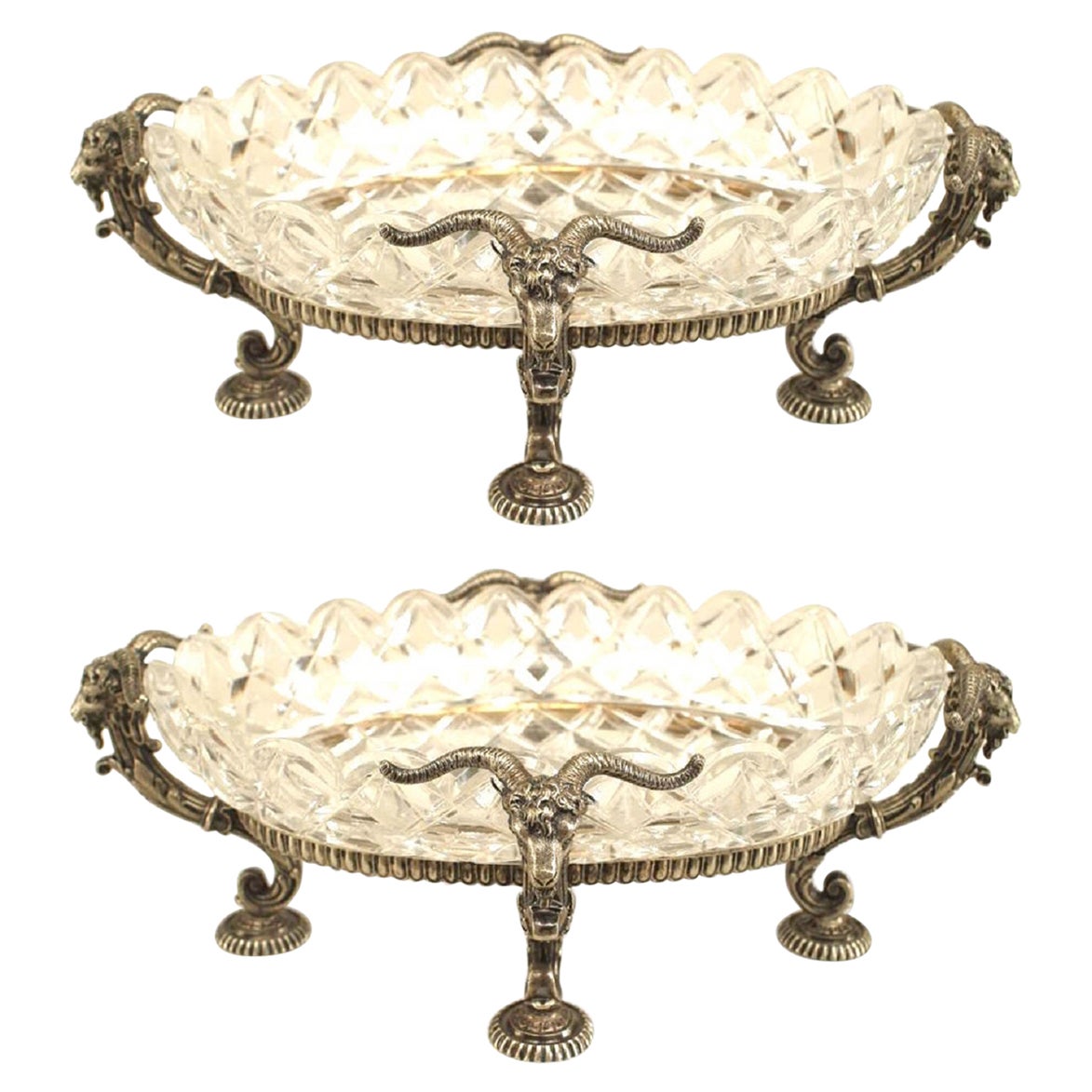 Pair of French Victorian Compotes with Silver Plated Rams' Heads For Sale