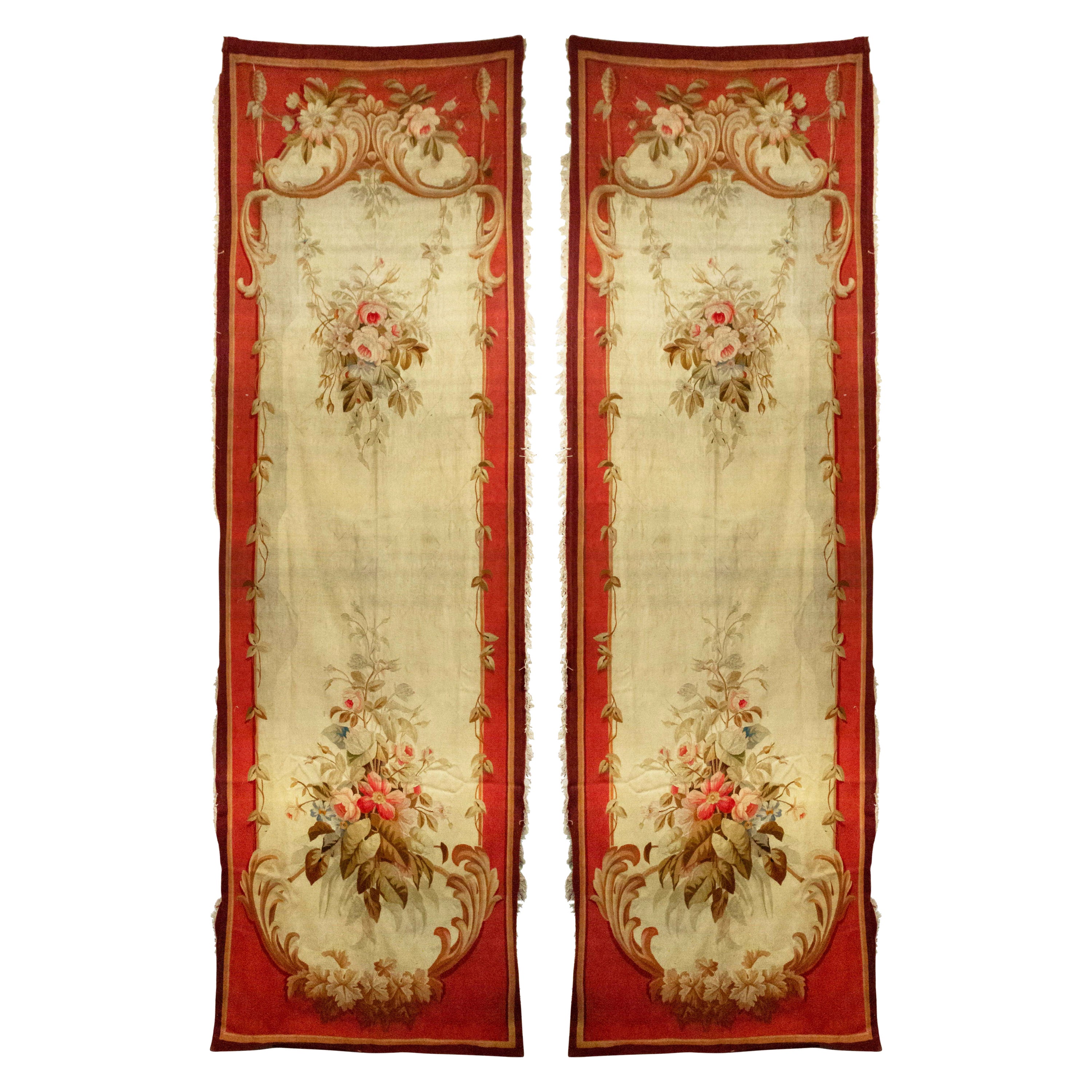 Pair of French Victorian Aubusson Floral Tapestries For Sale