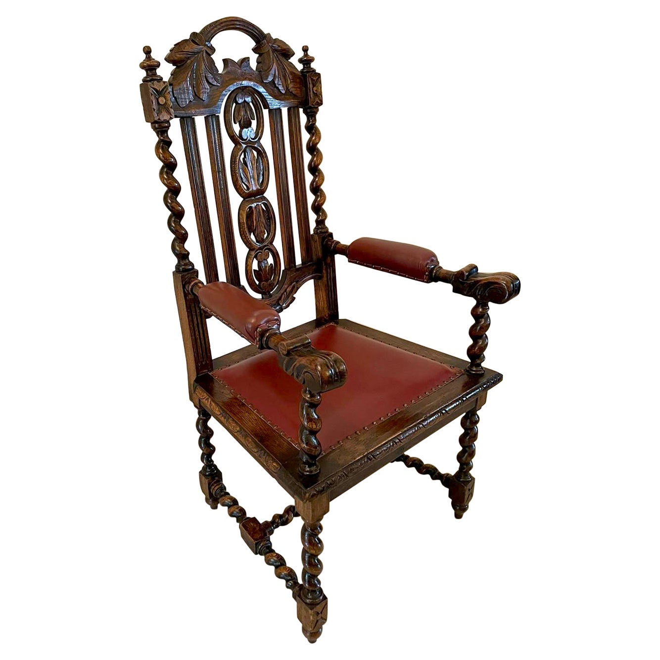 Large Antique Victorian Quality Carved Oak Armchair For Sale