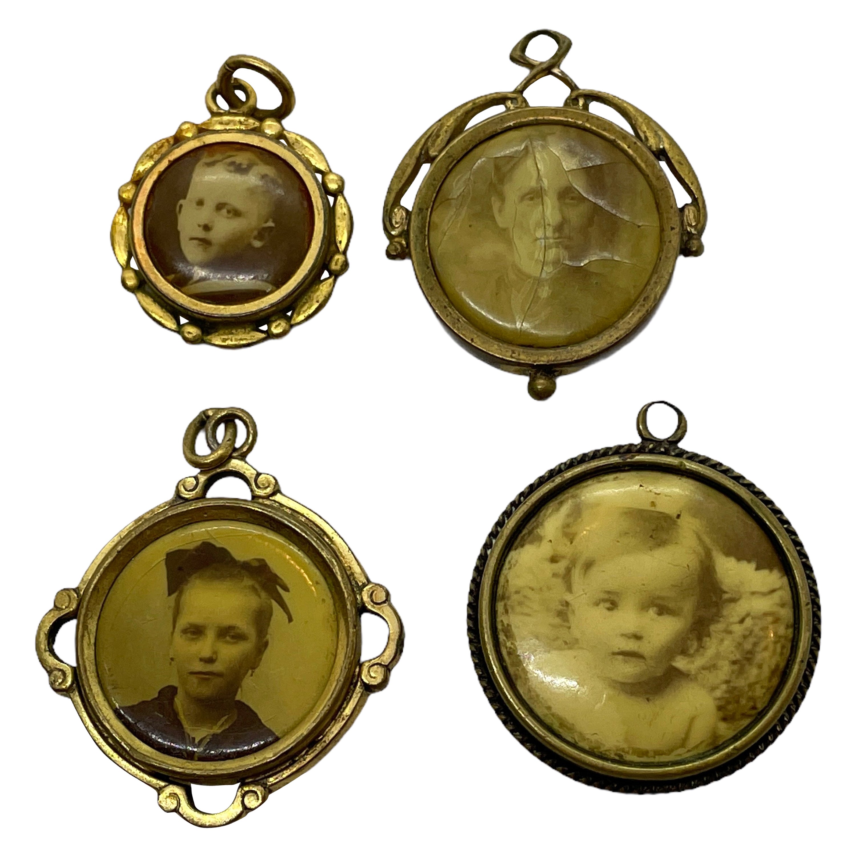 Four Antique German Art Nouveau Jewelry Memory Pendants Ormolu, 1900s