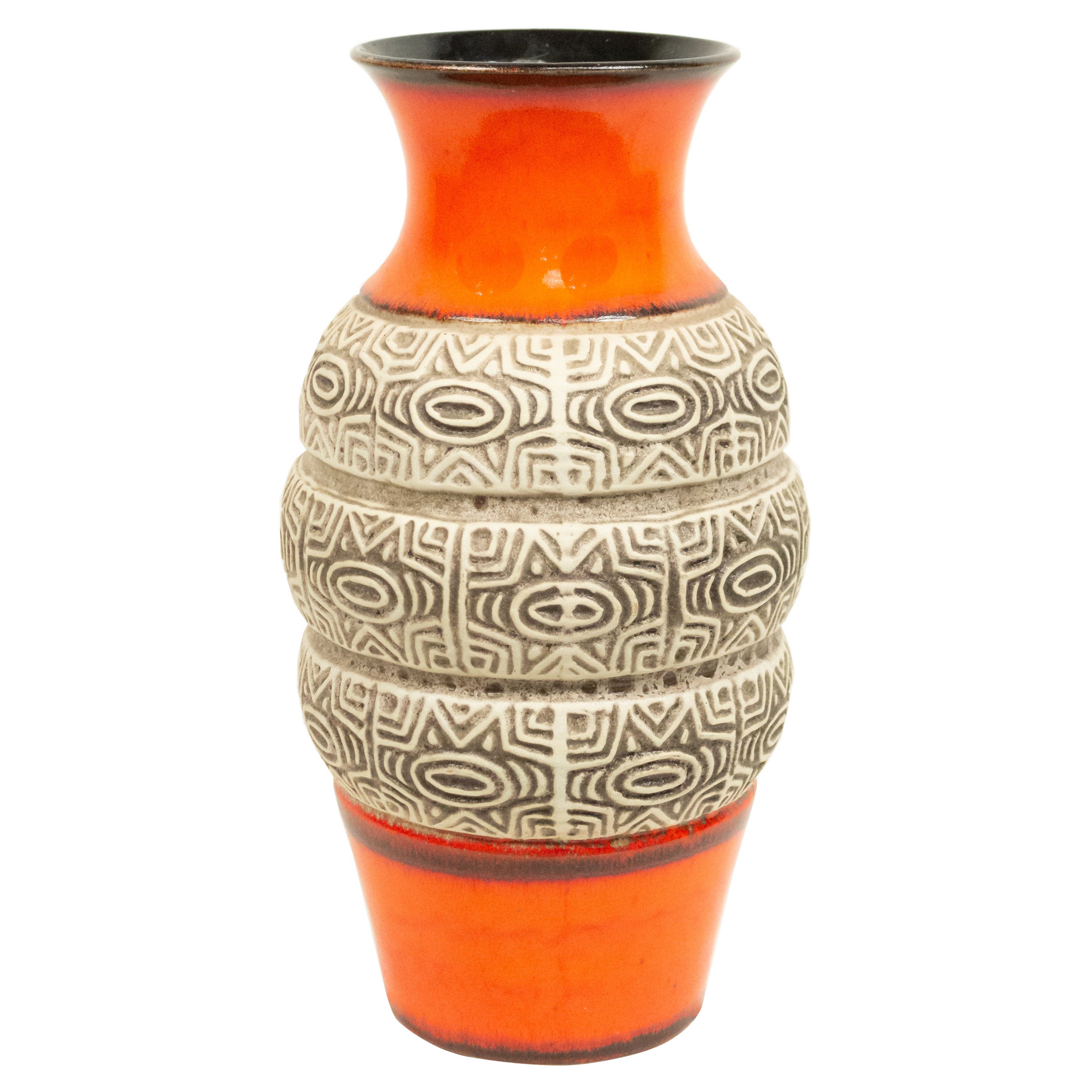 Vase allemand d'après-guerre orange et beige incisé en vente