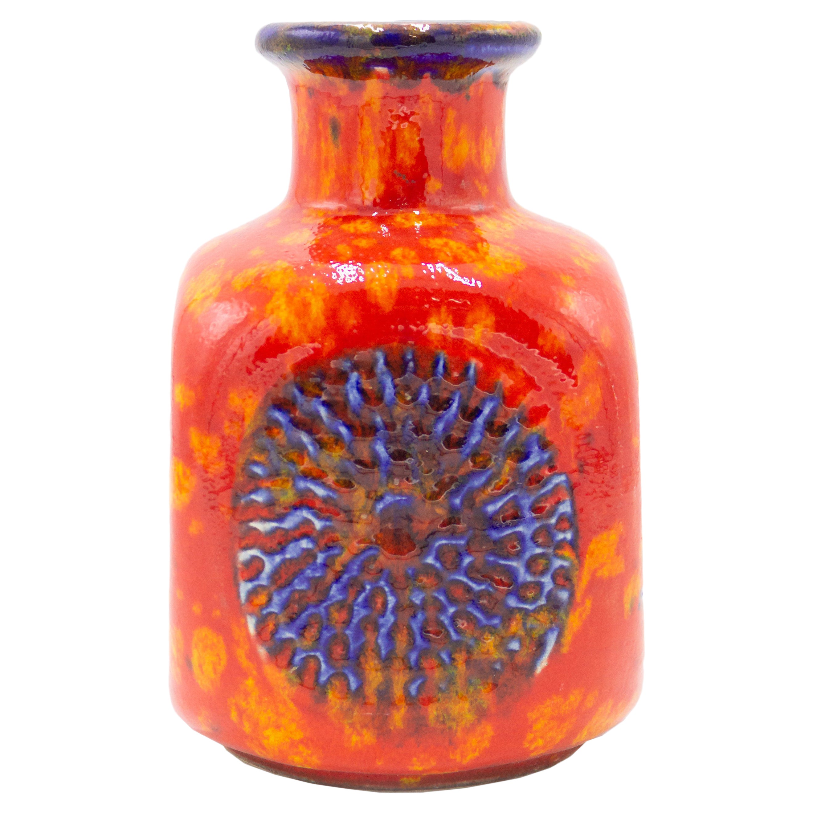 Vase en céramique orange et céramique Keramic Bay d'après-guerre avec motif bleu