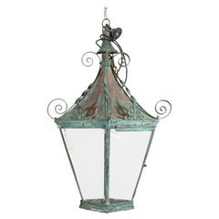 Antique Arts & Crafts Verdigris Brass & Copper Hall Lantern