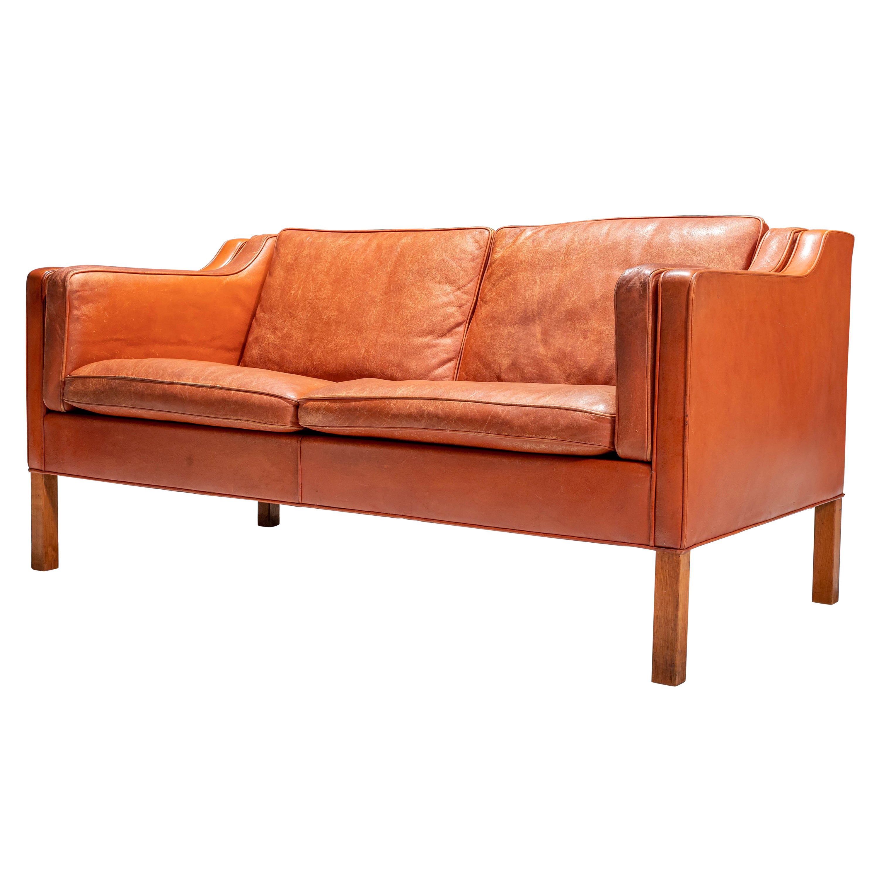 Børge Mogensen Sofa 2212 in Brick-Coloured Brown Leather and Oak, Denmark 1960's