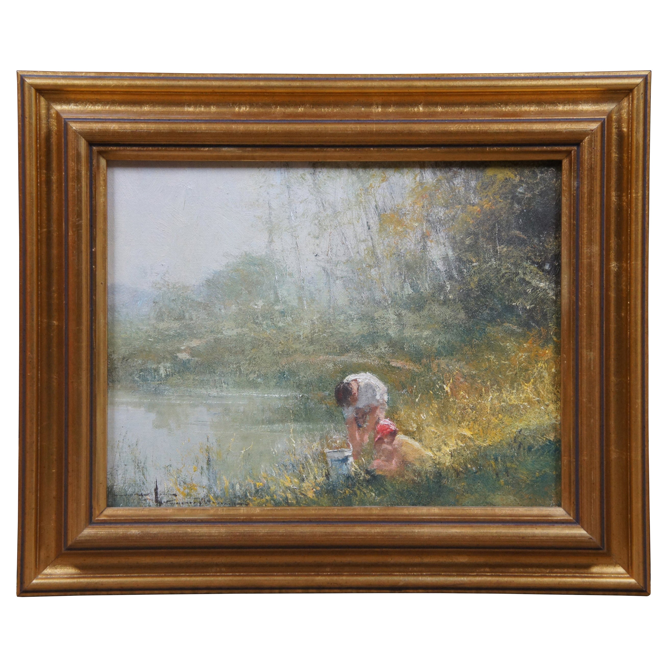 Robert Hagen Impressionist Oil on Canvas Landscape Lake Scene Figures Framed