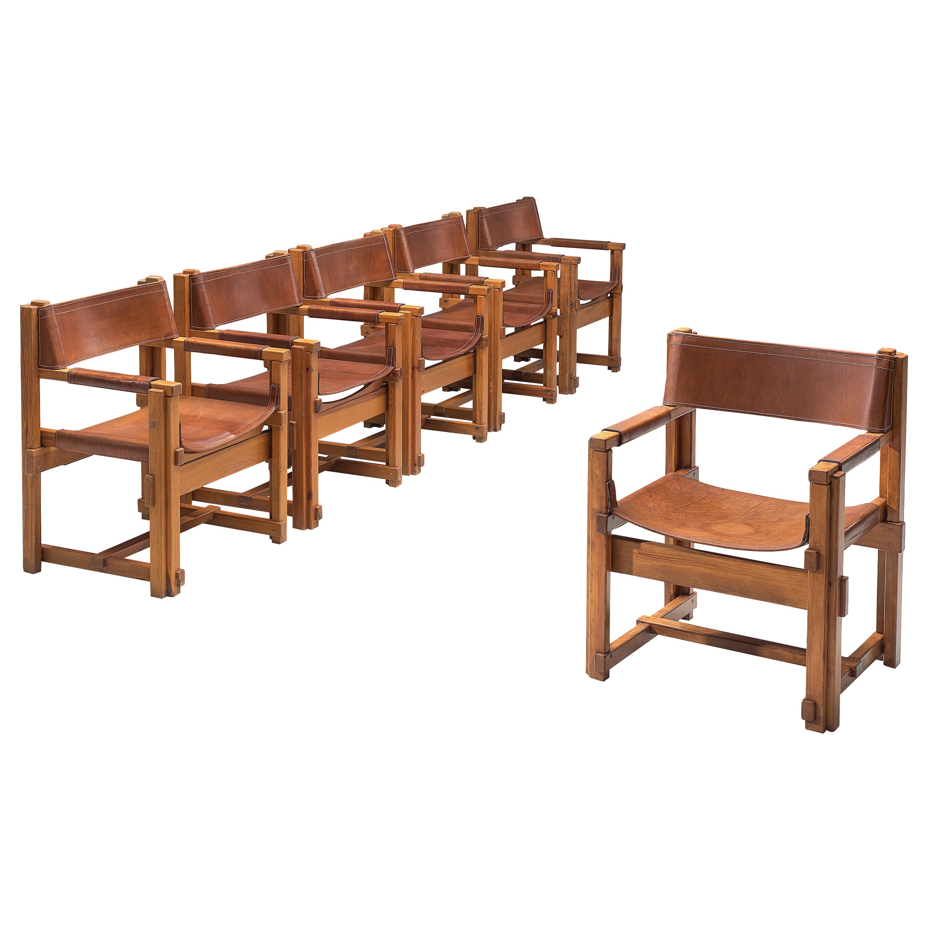 Joan Pou Set of Six Spanish Armchairs in Pine and Cognac Leather