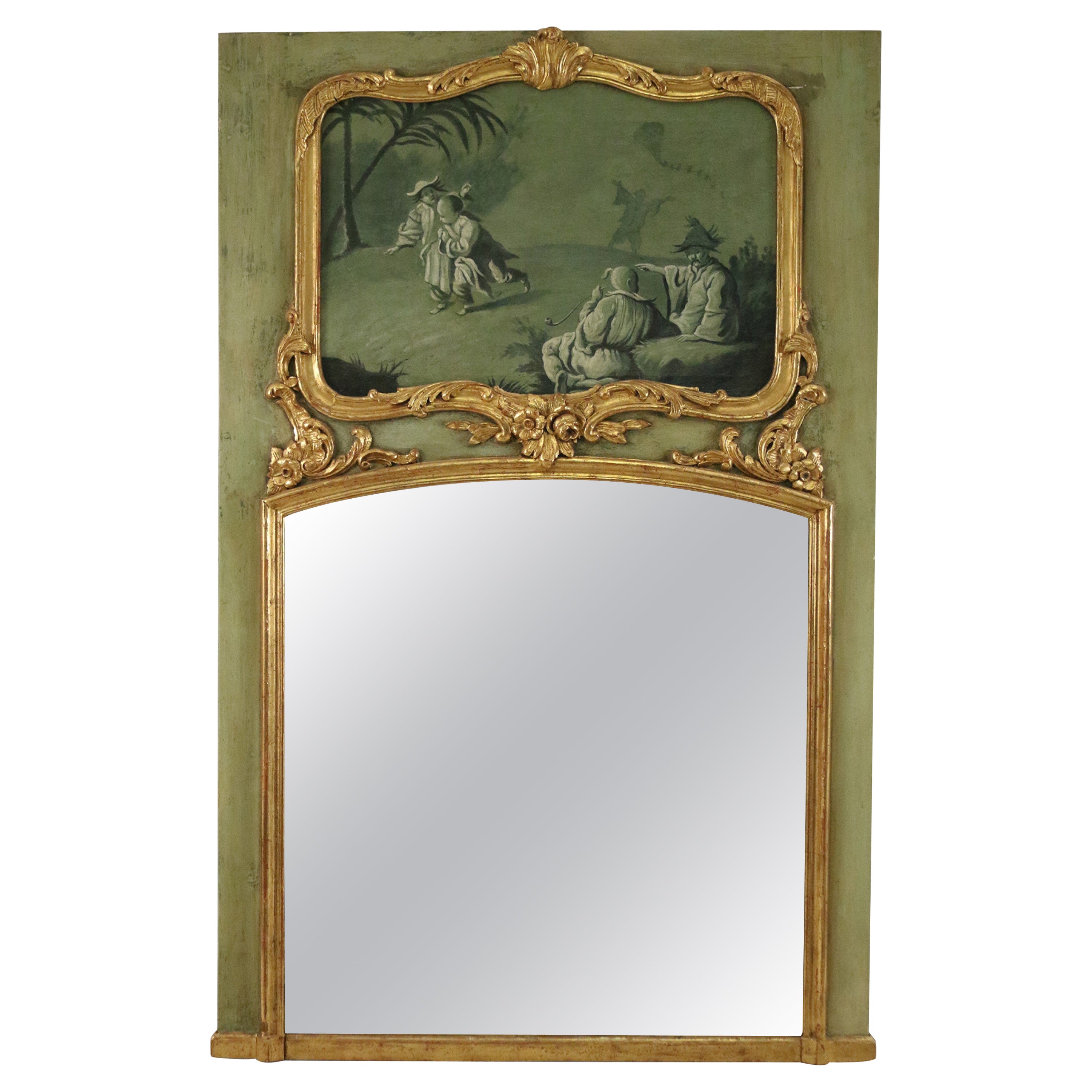 French Victorian Green Painted and Gilt Wood Chinoiserie Scene Trumeau Wall For Sale