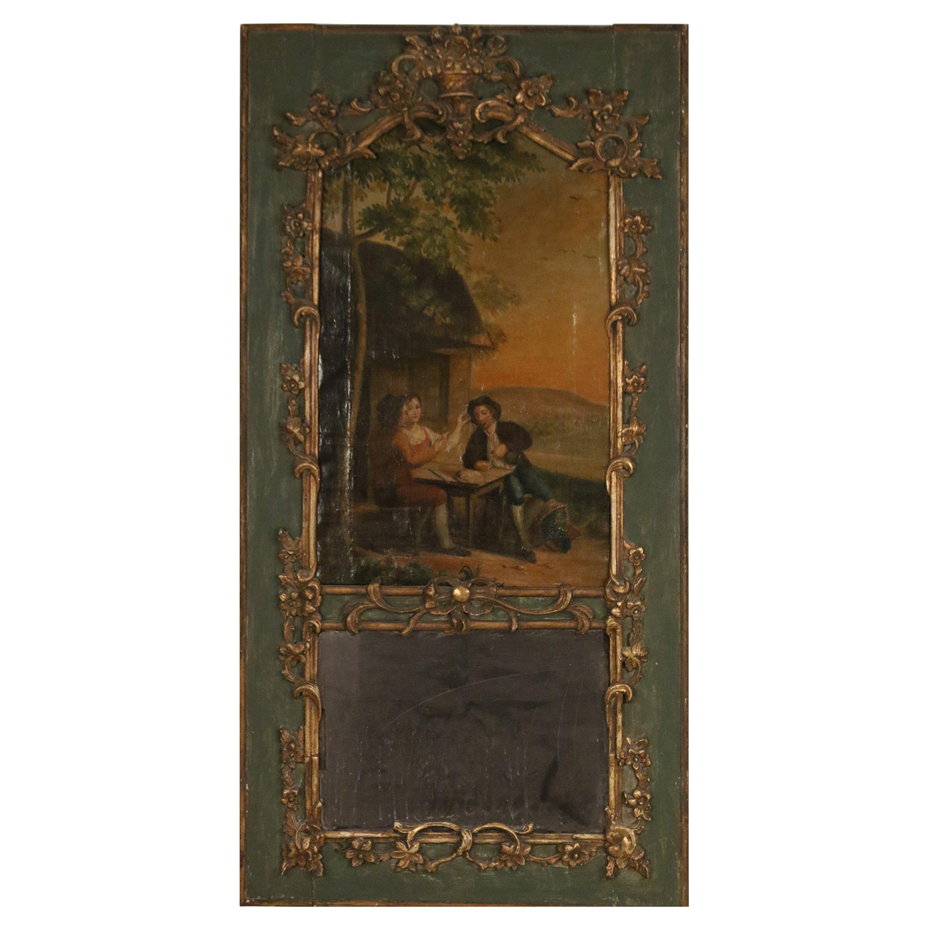 Miroir mural Trumeau français de style Louis XV en bois doré et vert représentant une scène pastorale en vente