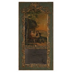 Miroir mural Trumeau français de style Louis XV en bois doré et vert représentant une scène pastorale