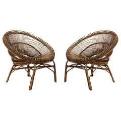2 Mid-Century French Round Bamboo and Rattan Chairs