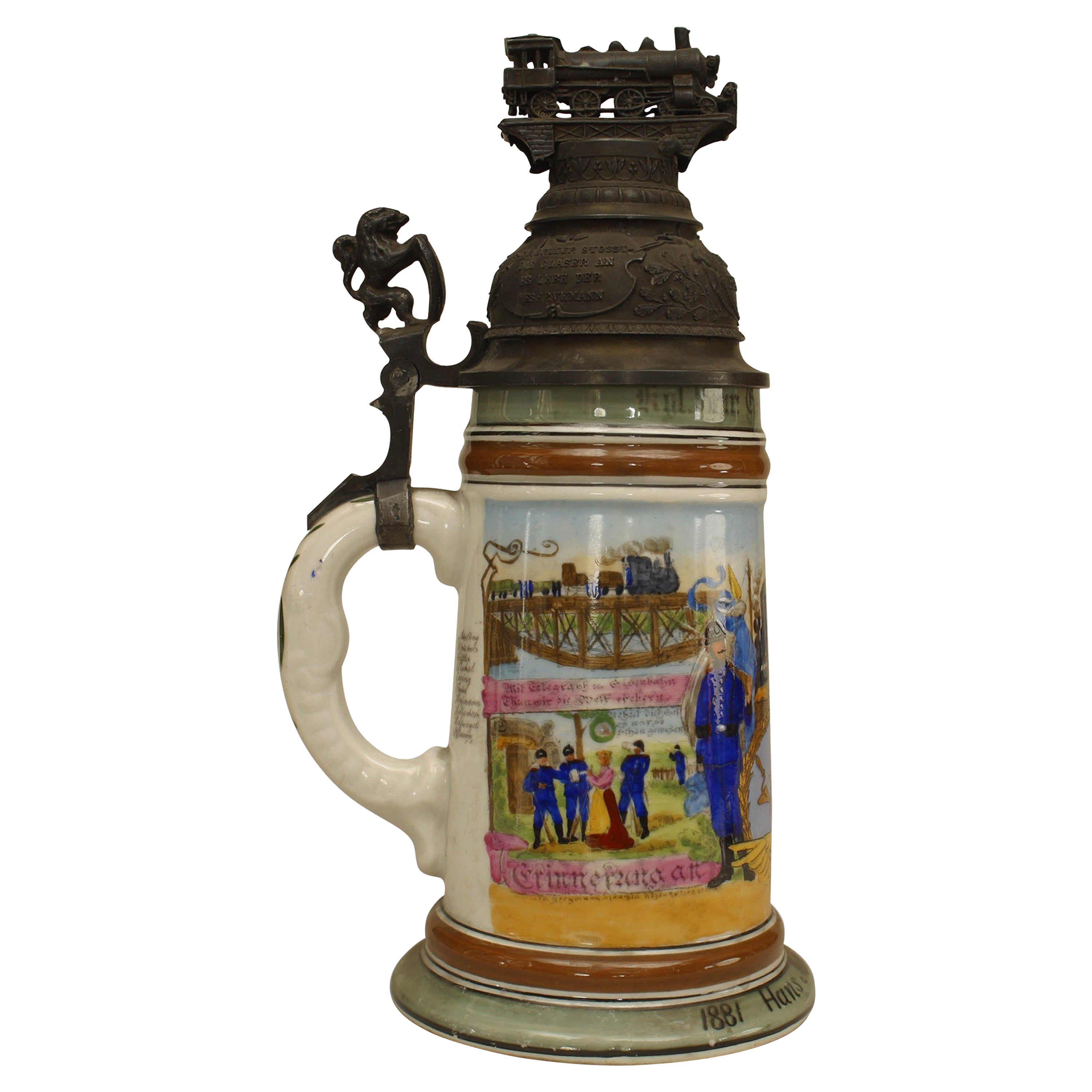 Deutscher Beer Stein aus Porzellan und Zinn des 19. Jahrhunderts