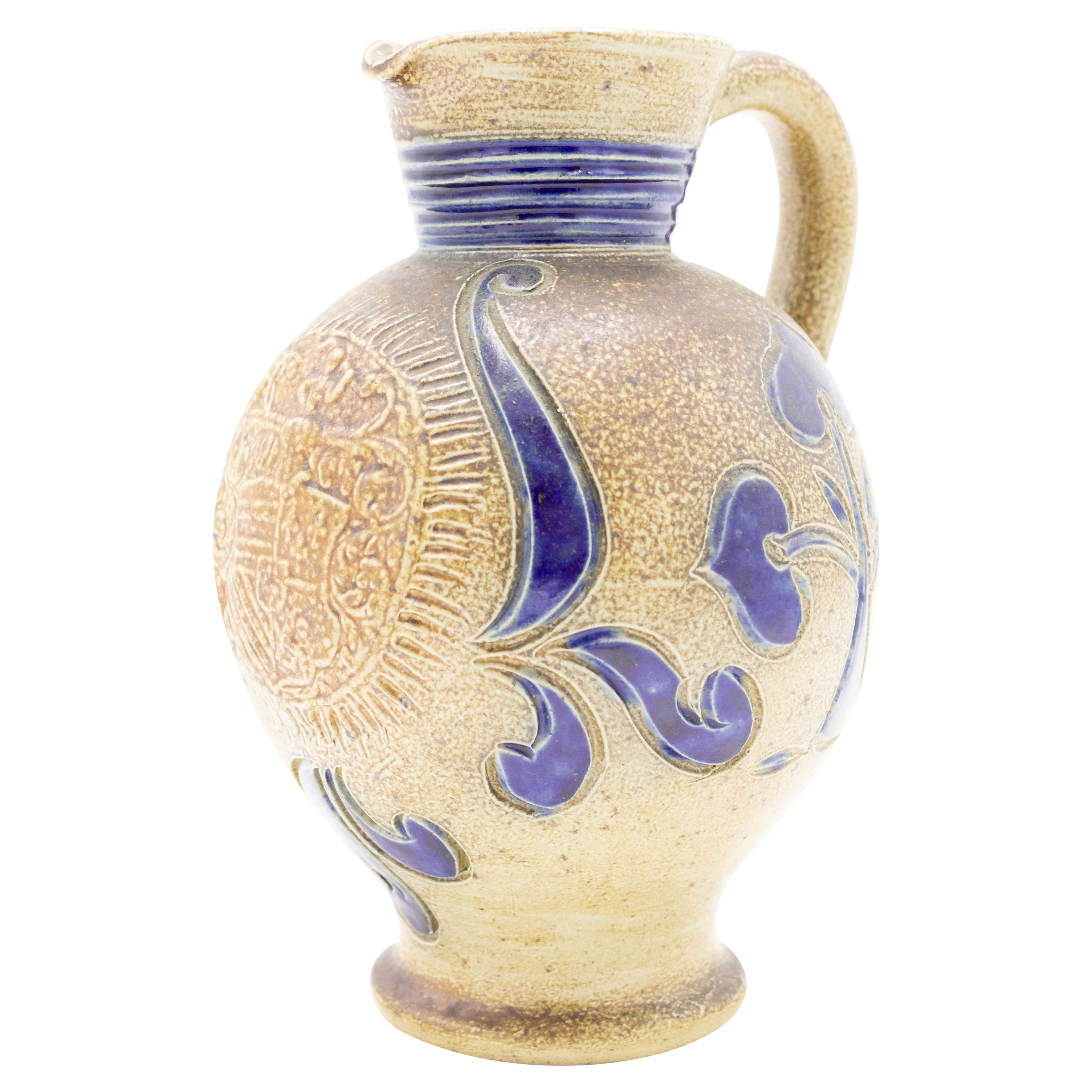 German Stoneware Pitcher with Incised Blue Decorations For Sale
