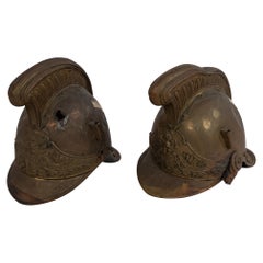 Antique French Victorian Brass Fireman's Helmets