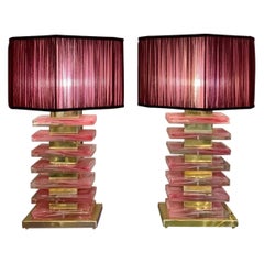 Pair of Pink Murano Glass Blocks Lamps and Our Handcrafted Lampshades, 1970s