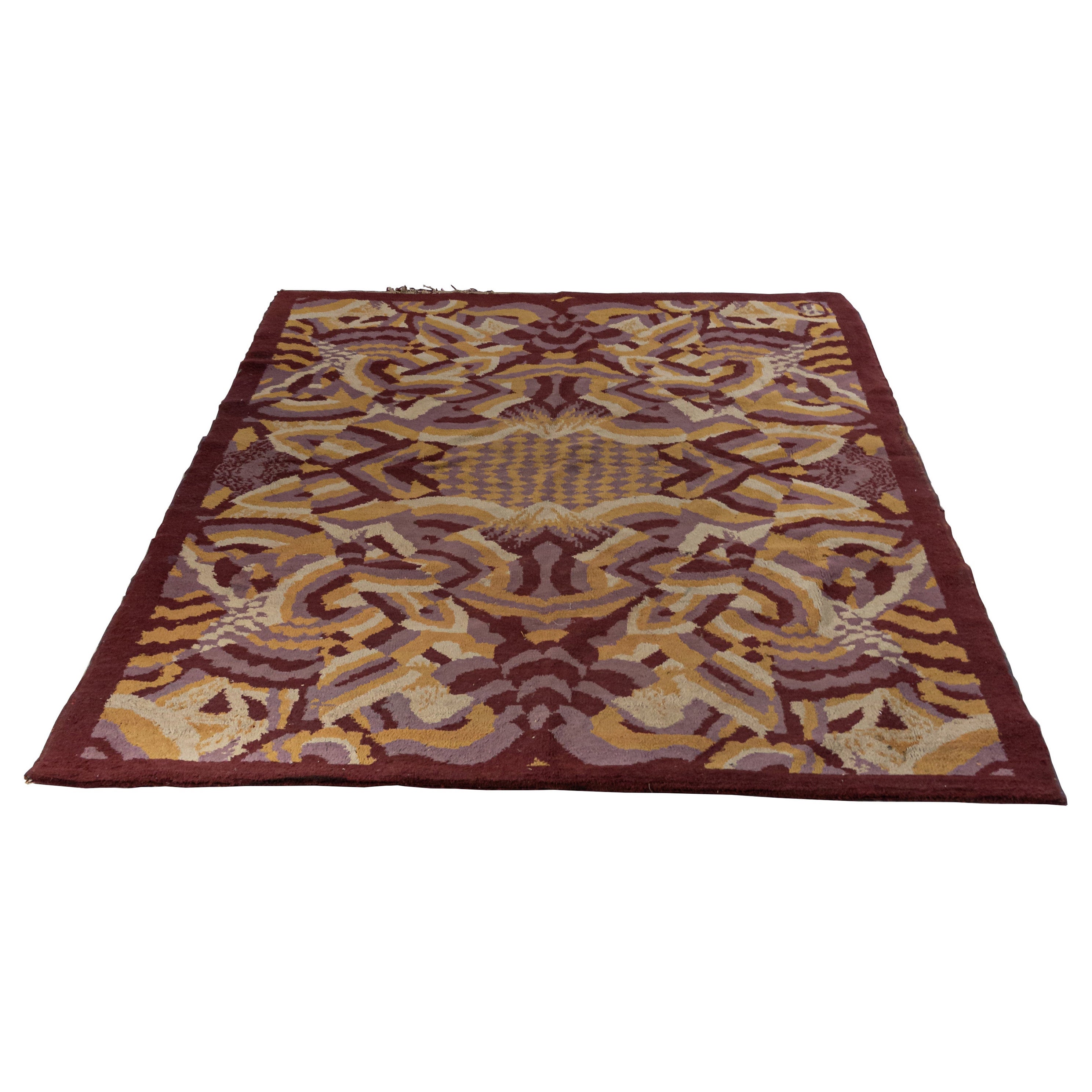 French Art Deco Purple and Beige Patterned Rug For Sale