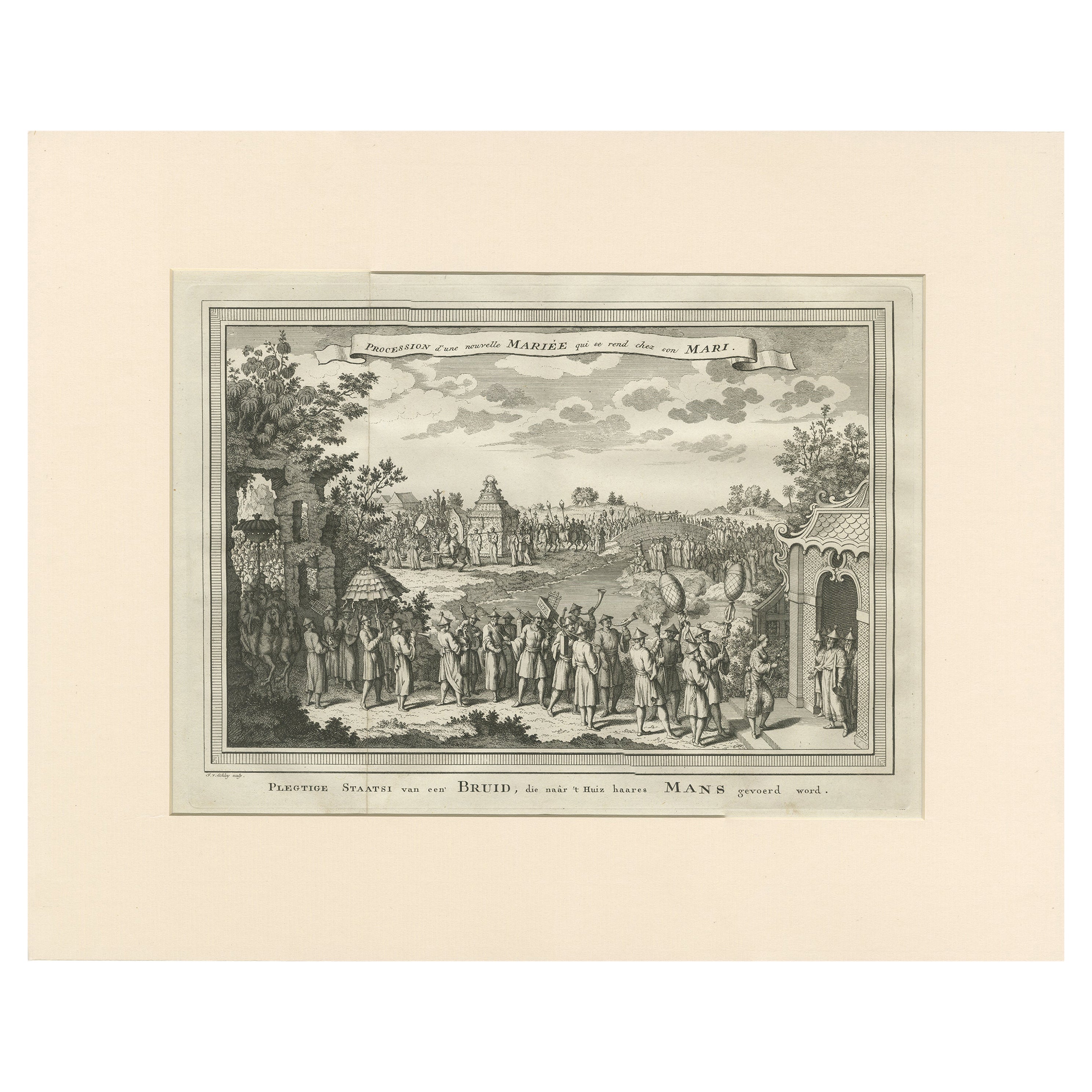 Impression ancienne de la procession d'un nouveau marié par Van Schley (1749)