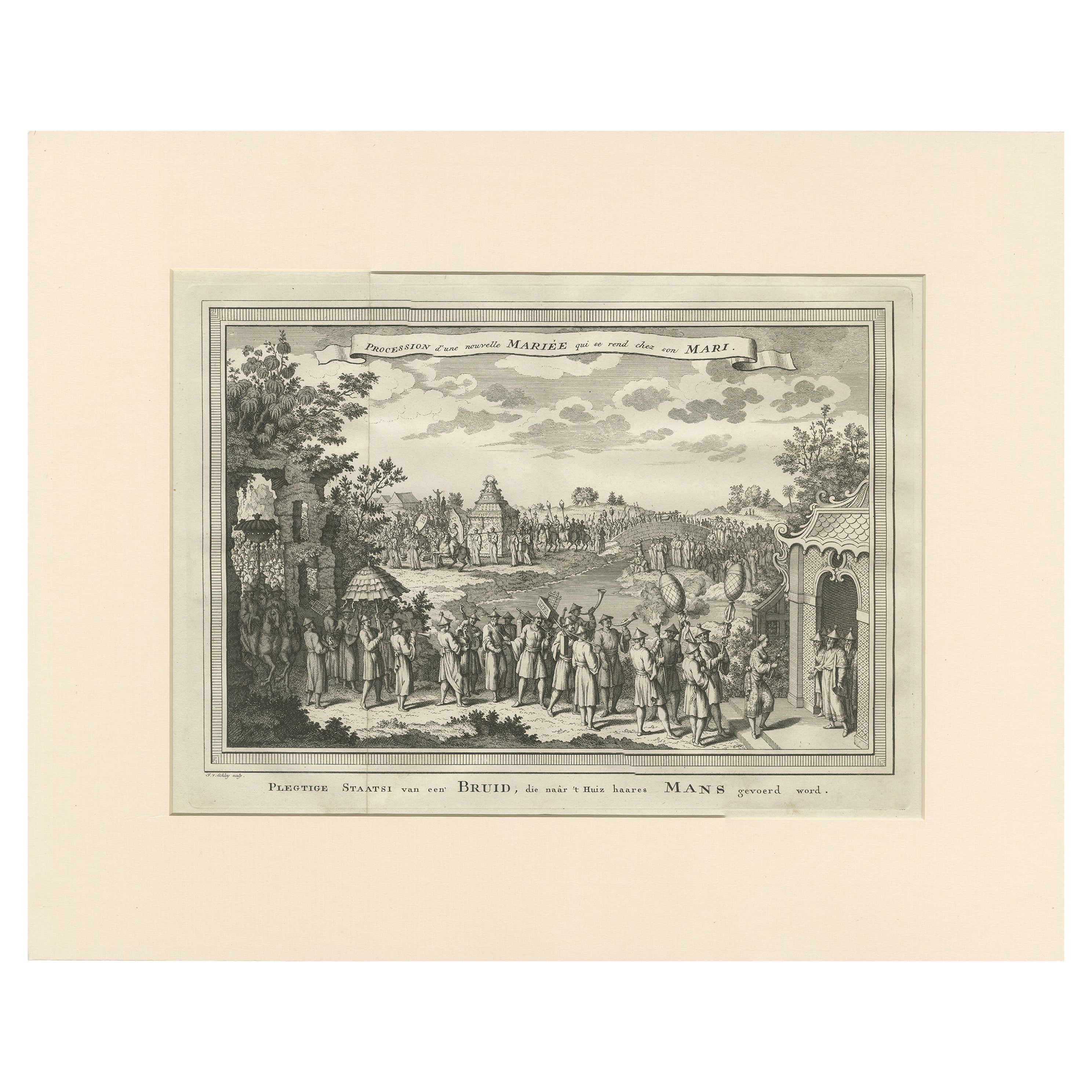 Stampa antica del corteo di sposi di Van Schley del 1749