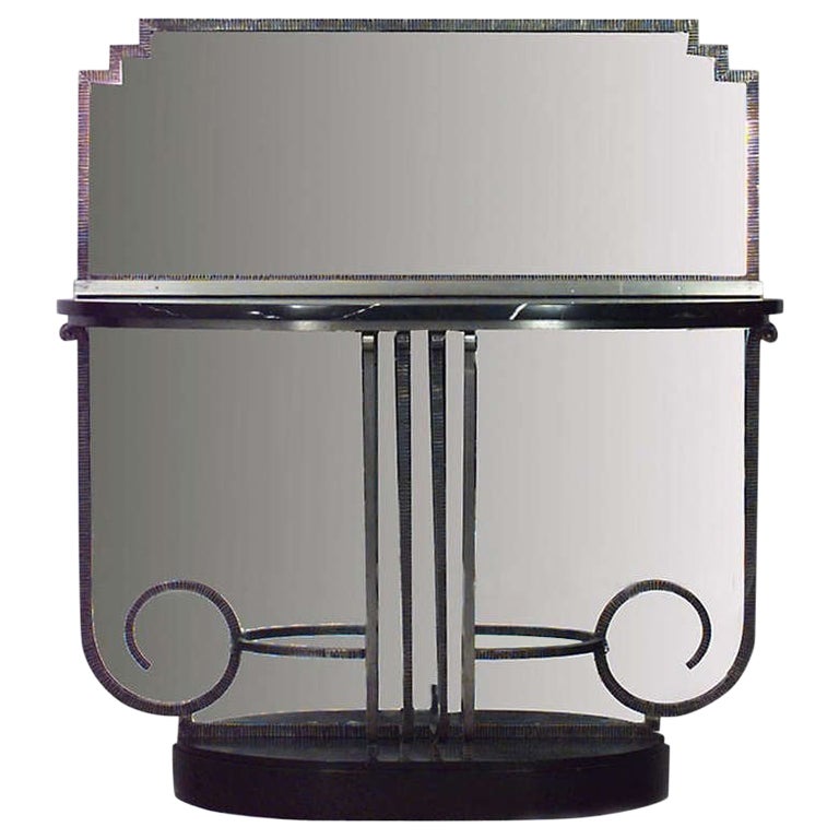 French Art Deco Steel Mirror and Black Marble Console Table For Sale