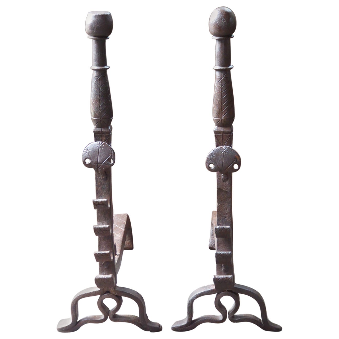 Beautiful 17th Century French Louis XIII Andirons or Firedogs For Sale