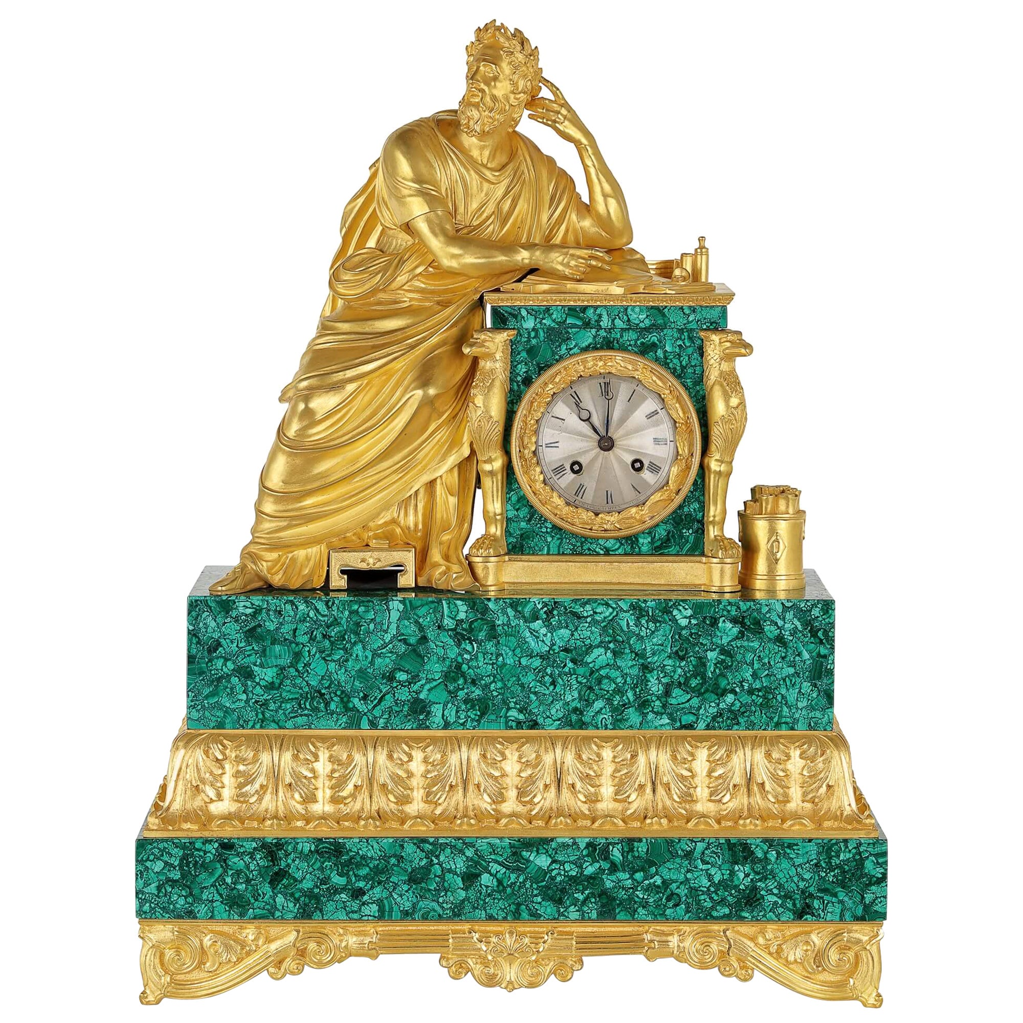 Neoclassical Style Gilt Bronze and Malachite Mantel Clock