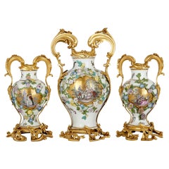 Meissen Porcelain Three-Vase Garniture with Ormolu Mounts