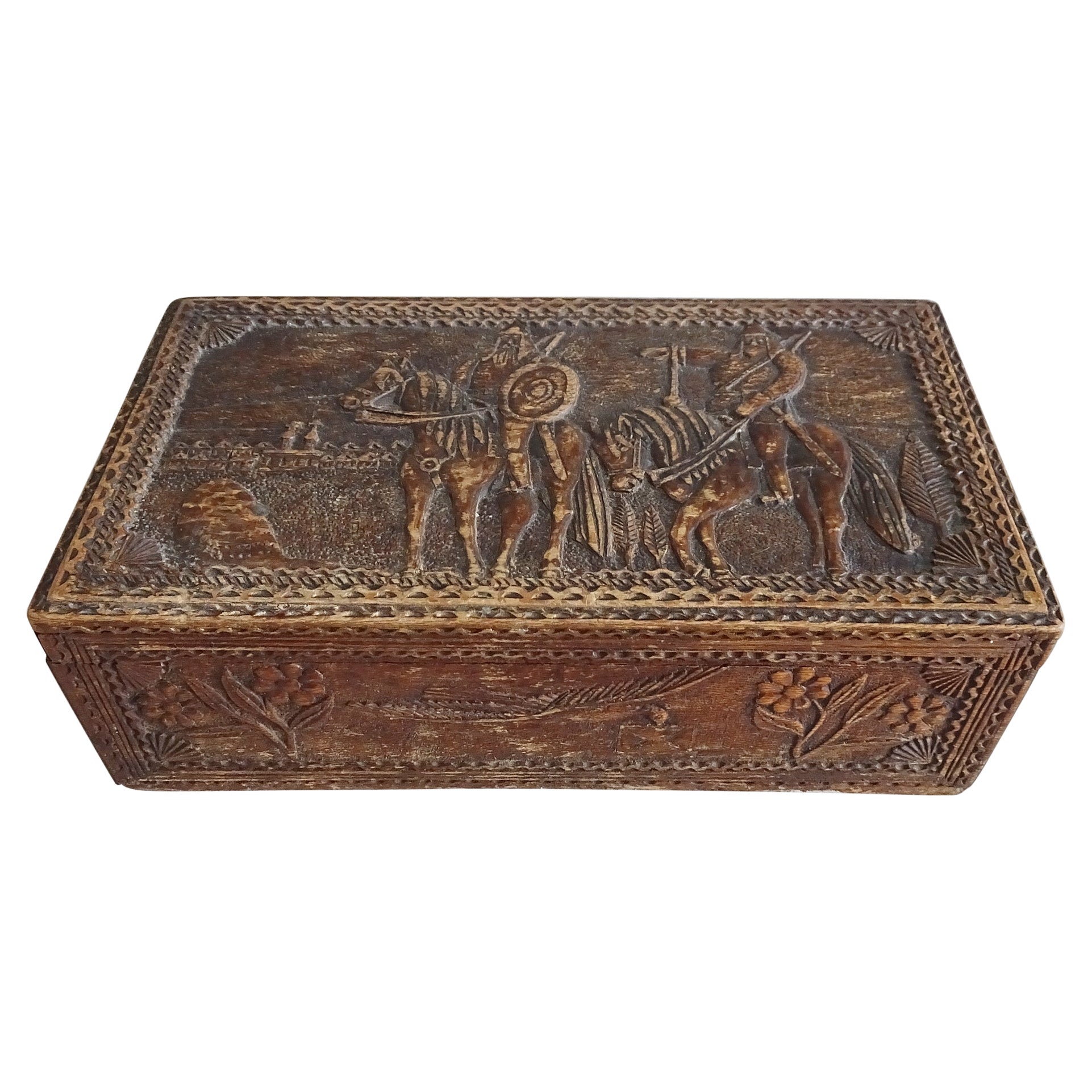 Antique Wooden Box Casket with Carved Historical Scenery, 1910