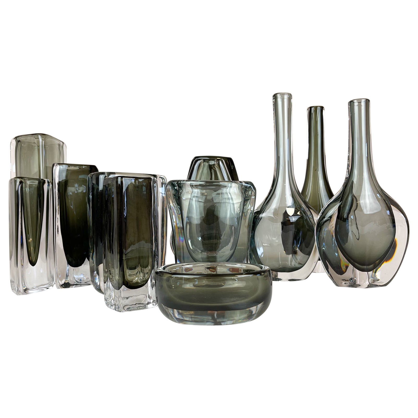 Midcentury Set of 12 Pieces Art Glass Nils Landberg Orrefors, Sweden