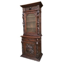 Antique French Carved Oak Hunt Cabinet Bookcase Black Forest Renaissance Display