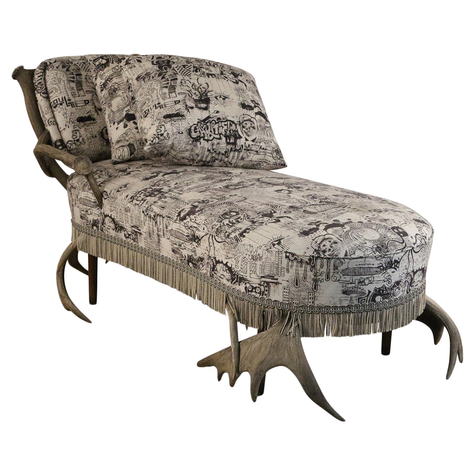 Continental Horn and Antler Velvet Chaise For Sale